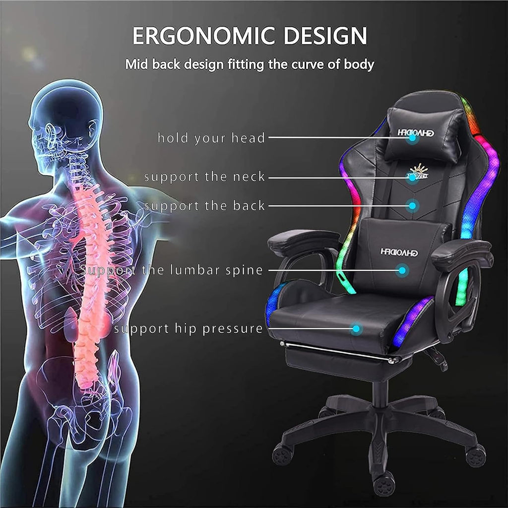 Video Gaming Chair with Footrest,Game Chair with Bluetooth Speakers,Computer Chair with LED Lights,Ergonomic Massage Gaming Chair with Massage Function,360°Swivel 90°-135° Adjustment Backrest (Black)