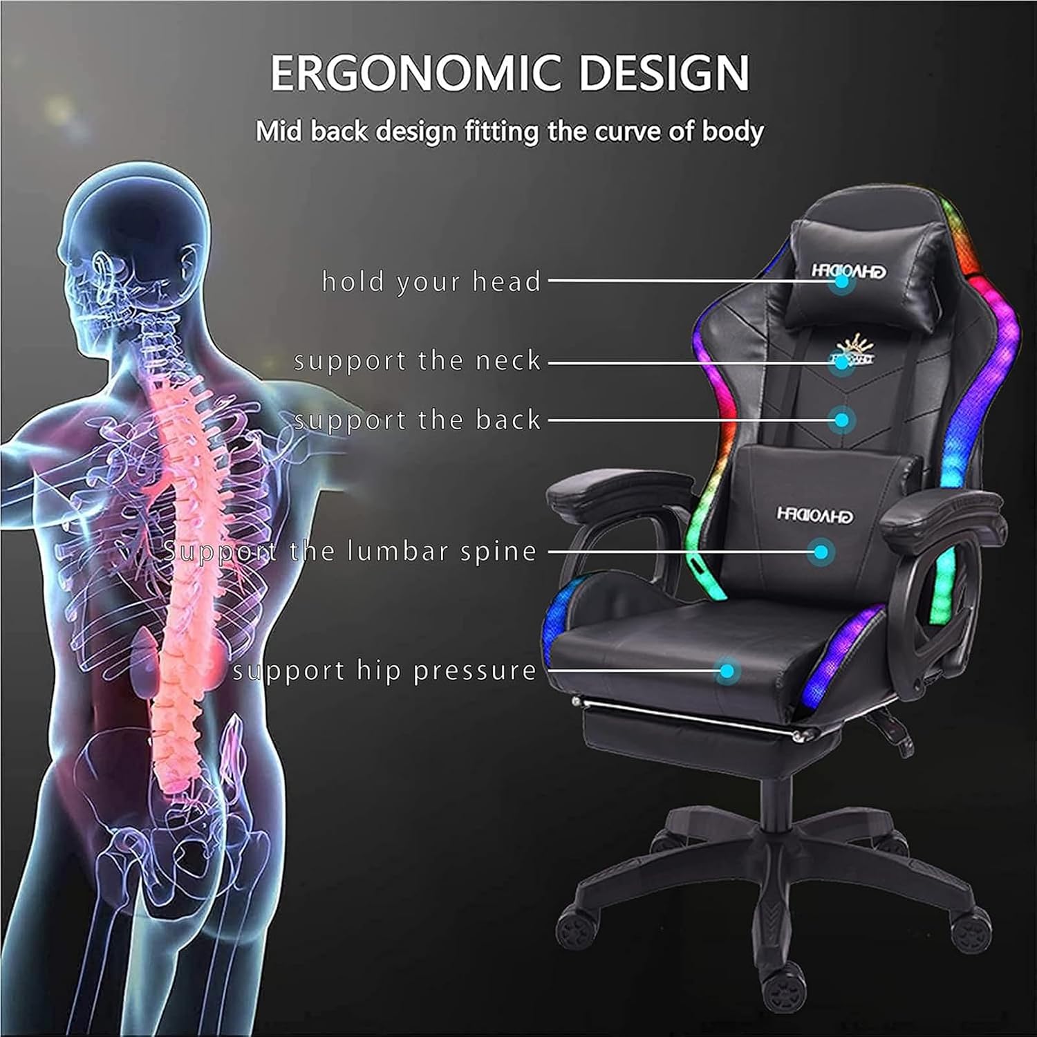 Gaming Chair with Bluetooth Speakers,Computer Chair Massage with LED Lights,Ergonomic Game Chair,Computer Stool with Footrest and Lumbar Support Height Adjustable with 360°-Swivel Seat (Black)