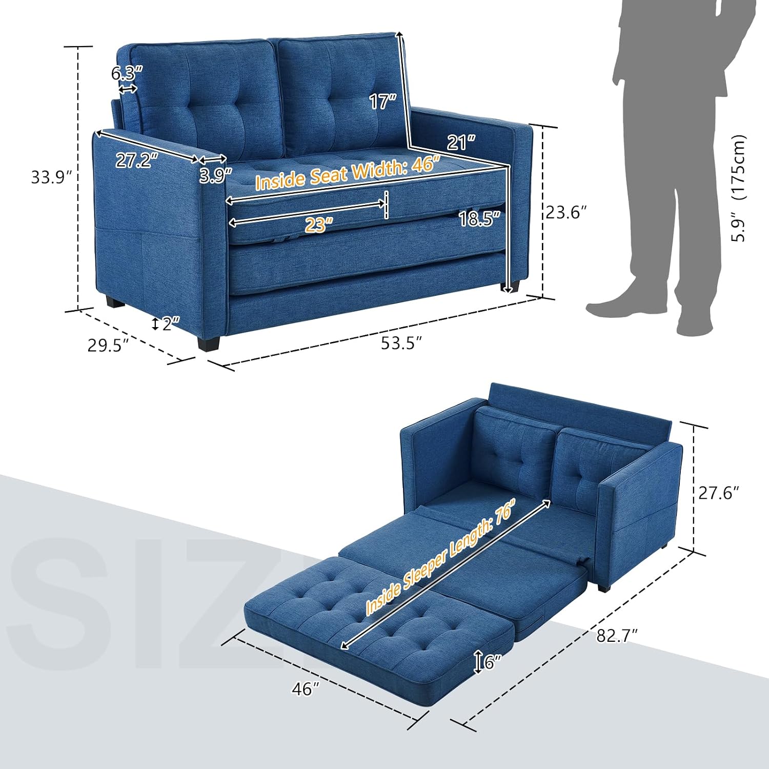 VINGLI Upgraded Loveseat Sleeper, 53.5' W 80' L Convertible Sofa Bed Couch Futon Couches for Living Room, Folding Couch Bed for Small Spaces, Foldable Floor Gaming Sofa Bed for Basement, Navy Blue