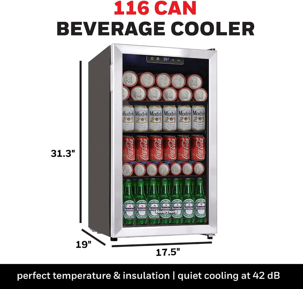 Honeywell Beverage Refrigerator and Cooler, 116 Can Mini Fridge with Glass Door for Soda Beer or Wine for Office or Bar with Adjustable Removable Shelving, Commercial Grade