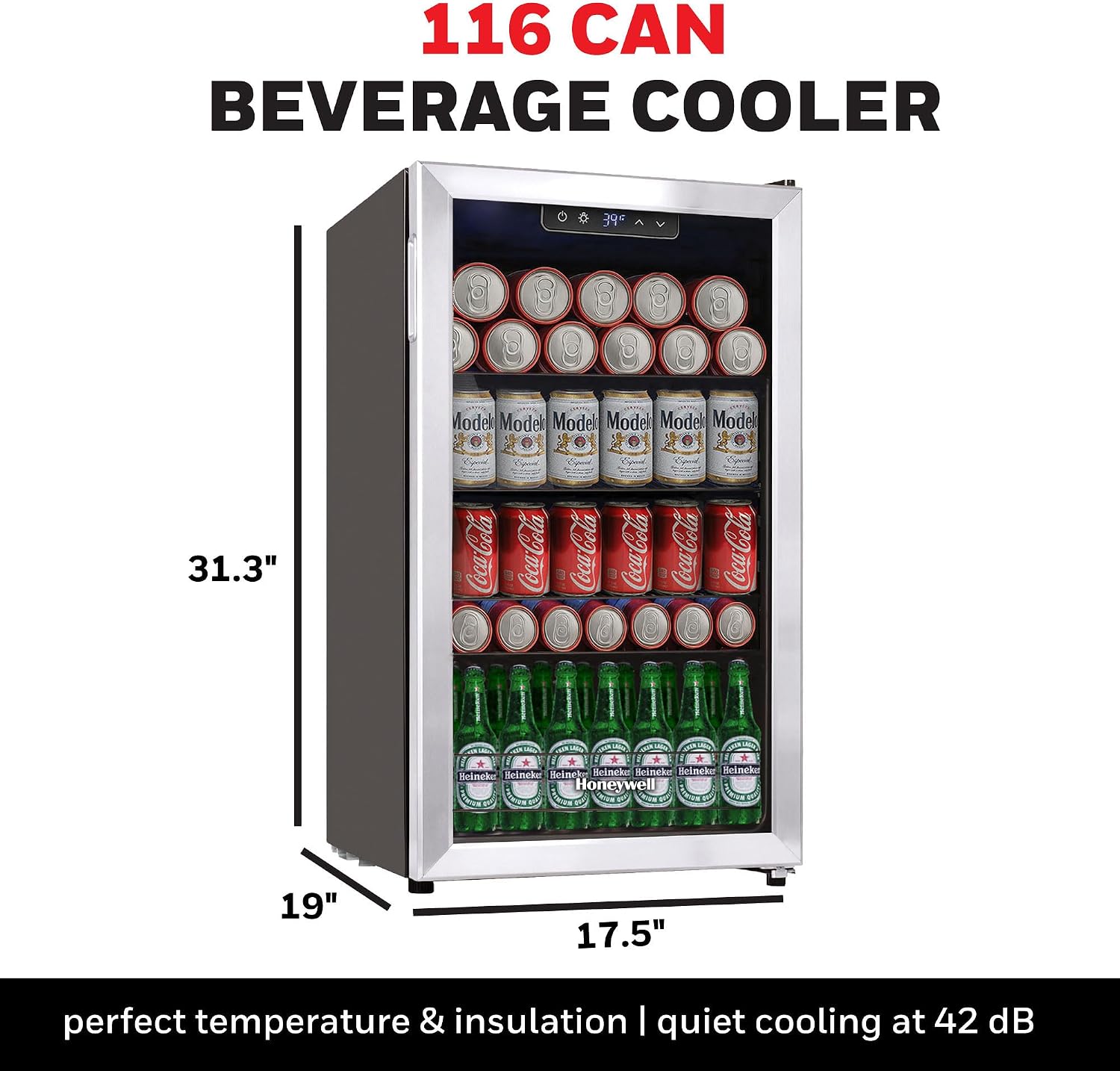 Honeywell Beverage Refrigerator and Cooler, 116 Can Mini Fridge with Glass Door for Soda Beer or Wine for Office or Bar with Adjustable Removable Shelving, Commercial Grade
