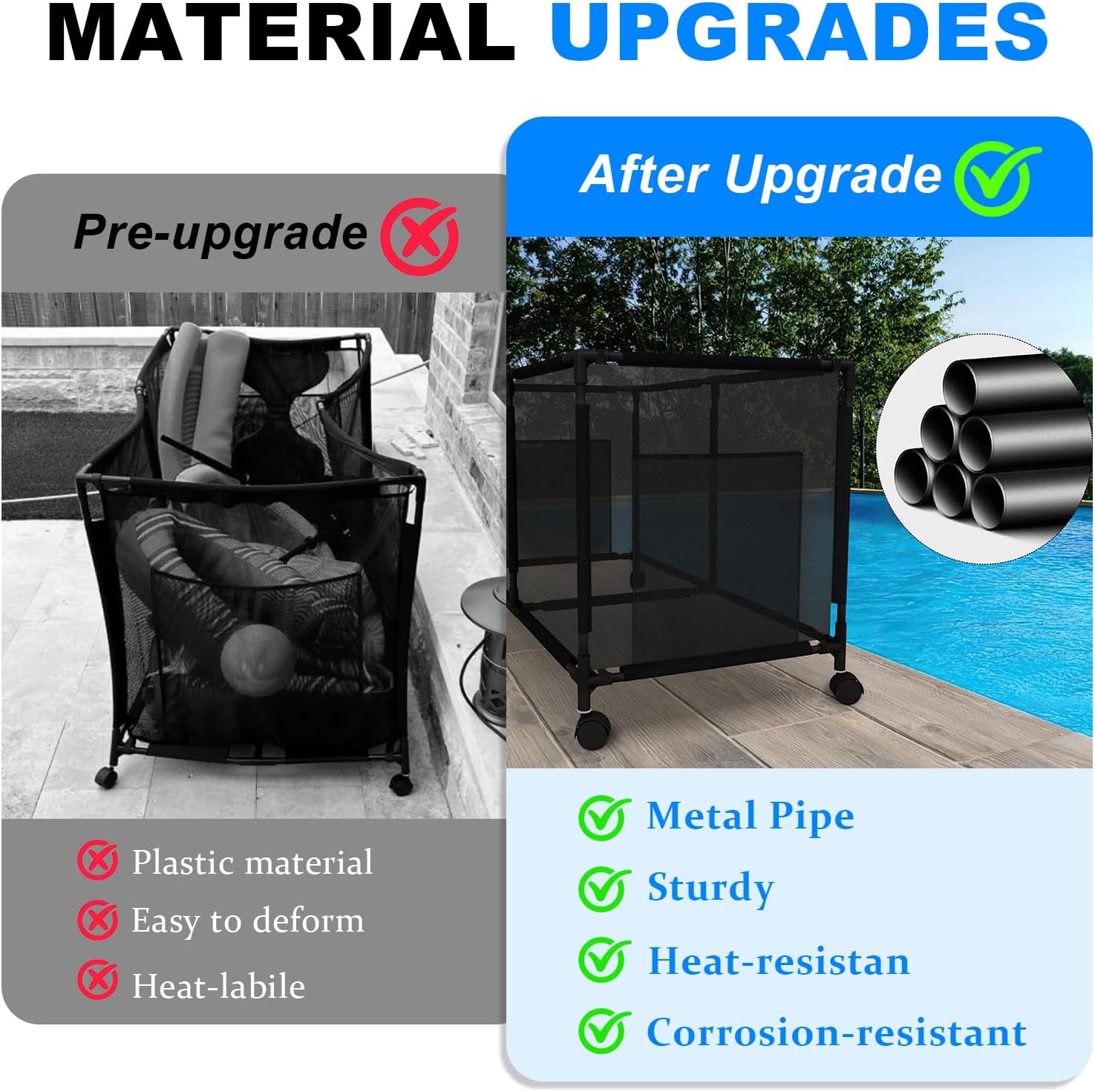 Version 2 Metal Pool Storage bin,Poolside Storage Organizer,Holder for Outdoor, Pool, Patio, Garden,Organizer for Toys, Floats, and Swimming Equipments,2-Size (LARGE)