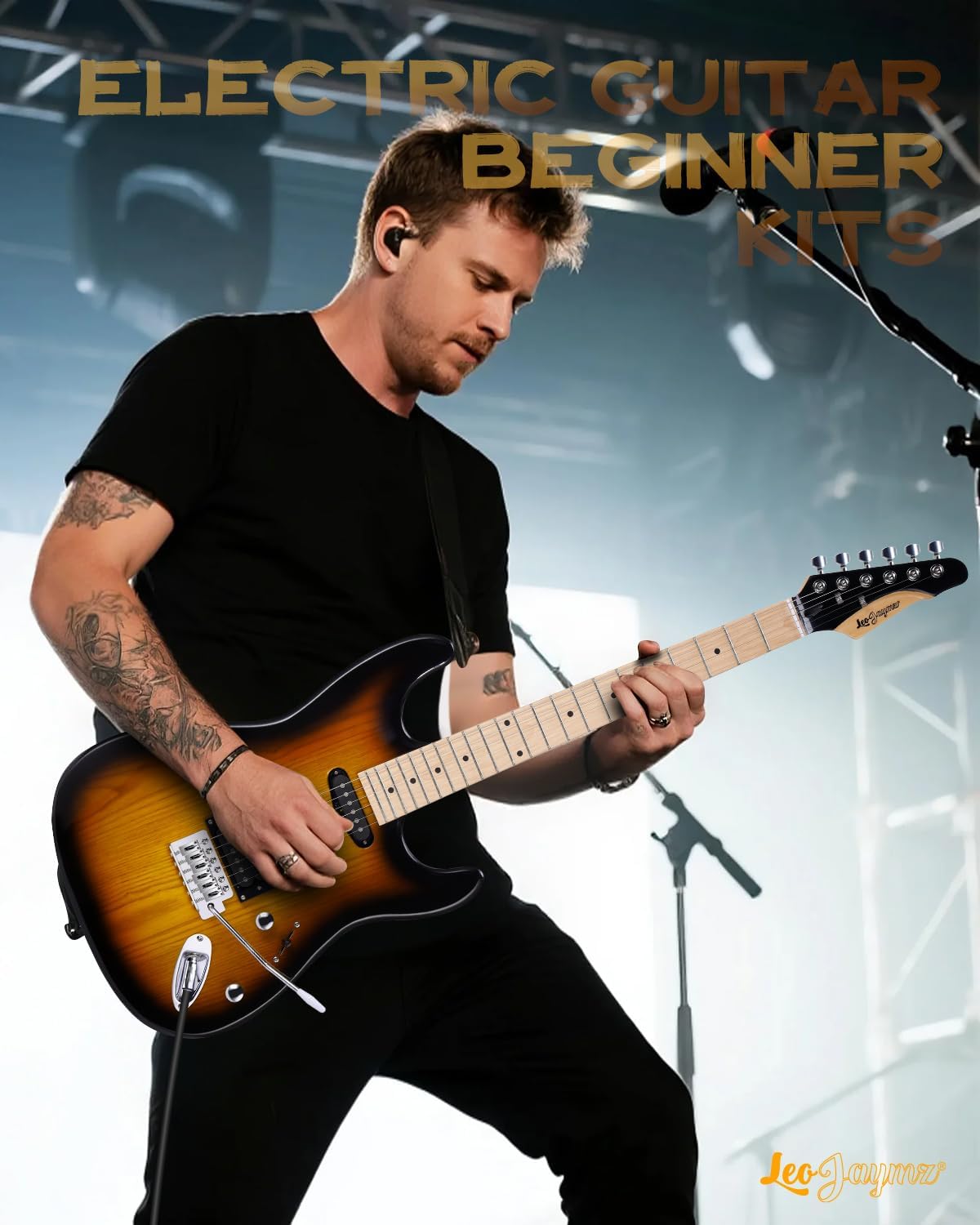 Leo Jaymz 39 Inch Full Size Electric Guitar Kit Electric Guitar Beginner Kits - Portable Amp, Digital Tuner, Gig Bag, Strap, Cable (Sunburst)