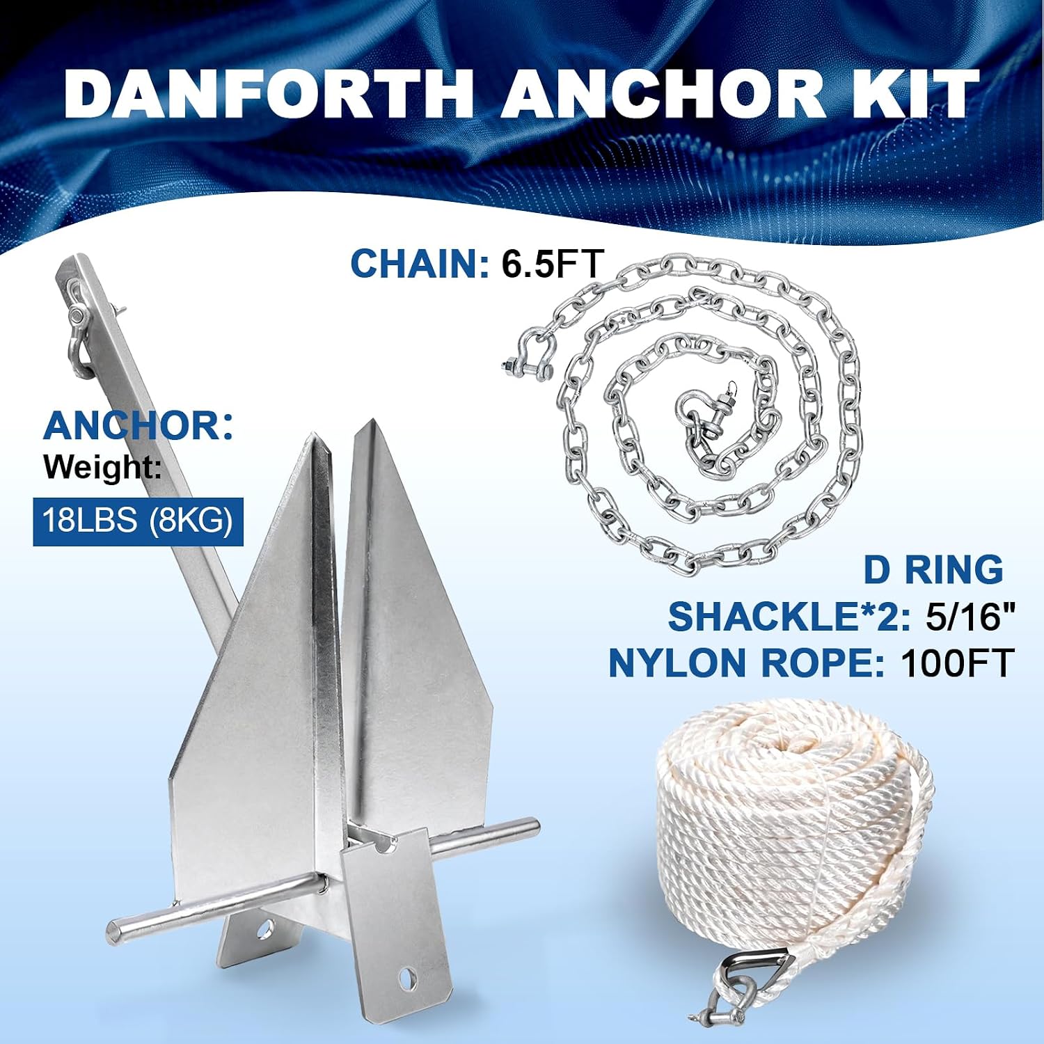 Leero Heavy Duty Boat Anchor Kit with Anchor Chain, Shackle and Anchor Rope, 5/8/10/13/18 lb Danforth Anchor,Boat Anchor for Pontoons, Dinghies, Fishing Boats, Bass Boats, Sport Boats, Sport Yachts