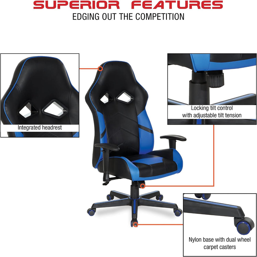 OSP Home Furnishings Vapor Ergonomic Adjustable High Back Faux Leather Gaming Chair with Coil Spring Seat and Integrated Cooling Airflow, Red Accents