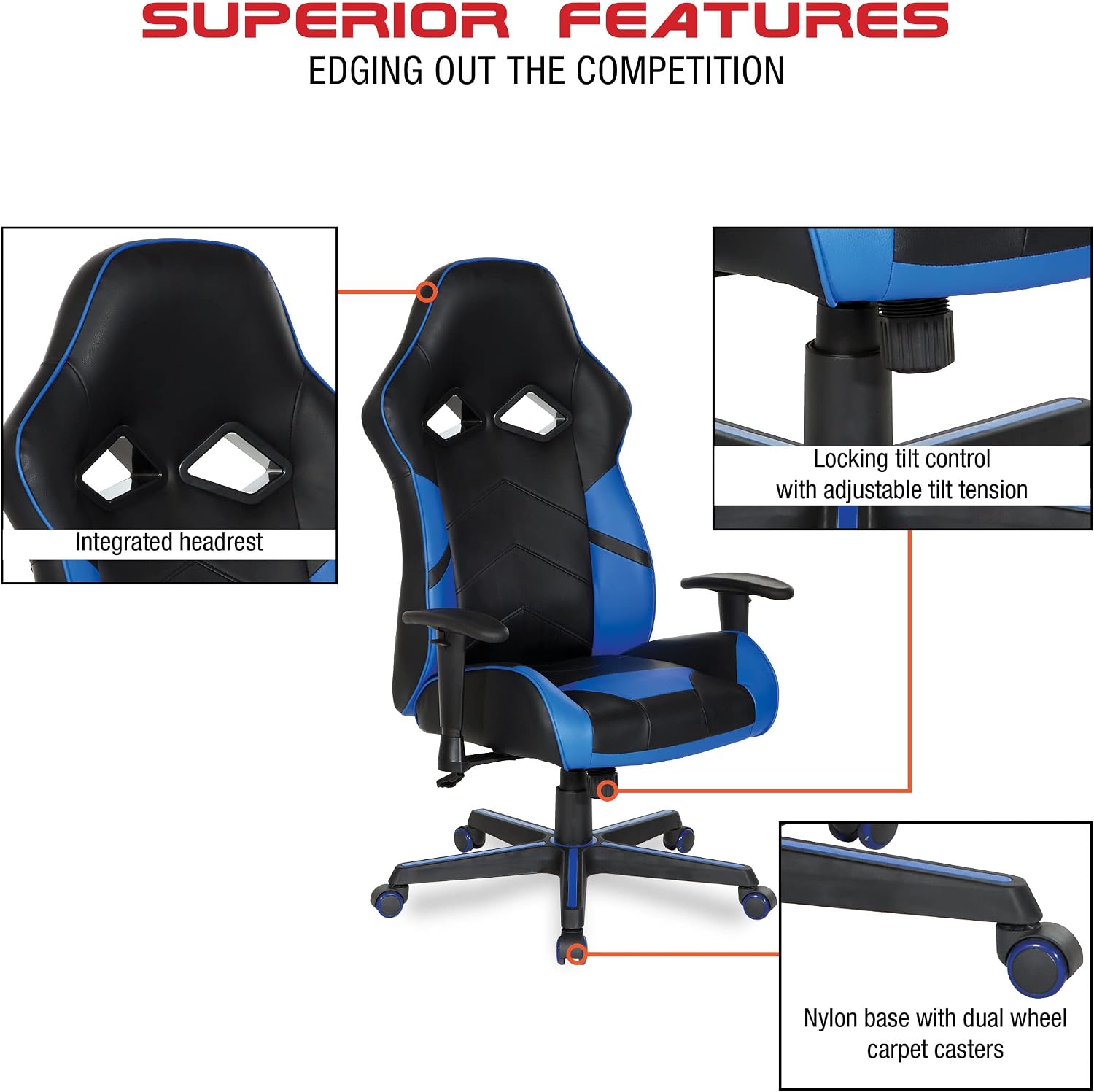 OSP Home Furnishings Vapor Ergonomic Adjustable High Back Faux Leather Gaming Chair with Coil Spring Seat and Integrated Cooling Airflow, Blue Accents