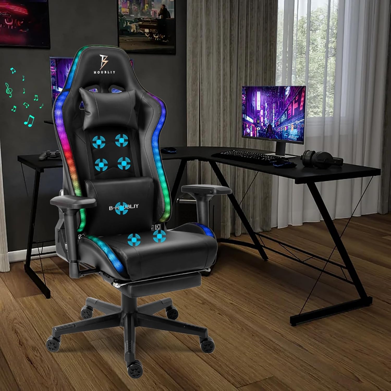 Ergonomic Office Chair with Footrest PU Leather Gaming Chair with Speakers and RGB Lights Full Massage 360° Swivel Computer Chair 4D Armrest High Back Lumbar Support Video Game Chair,Black