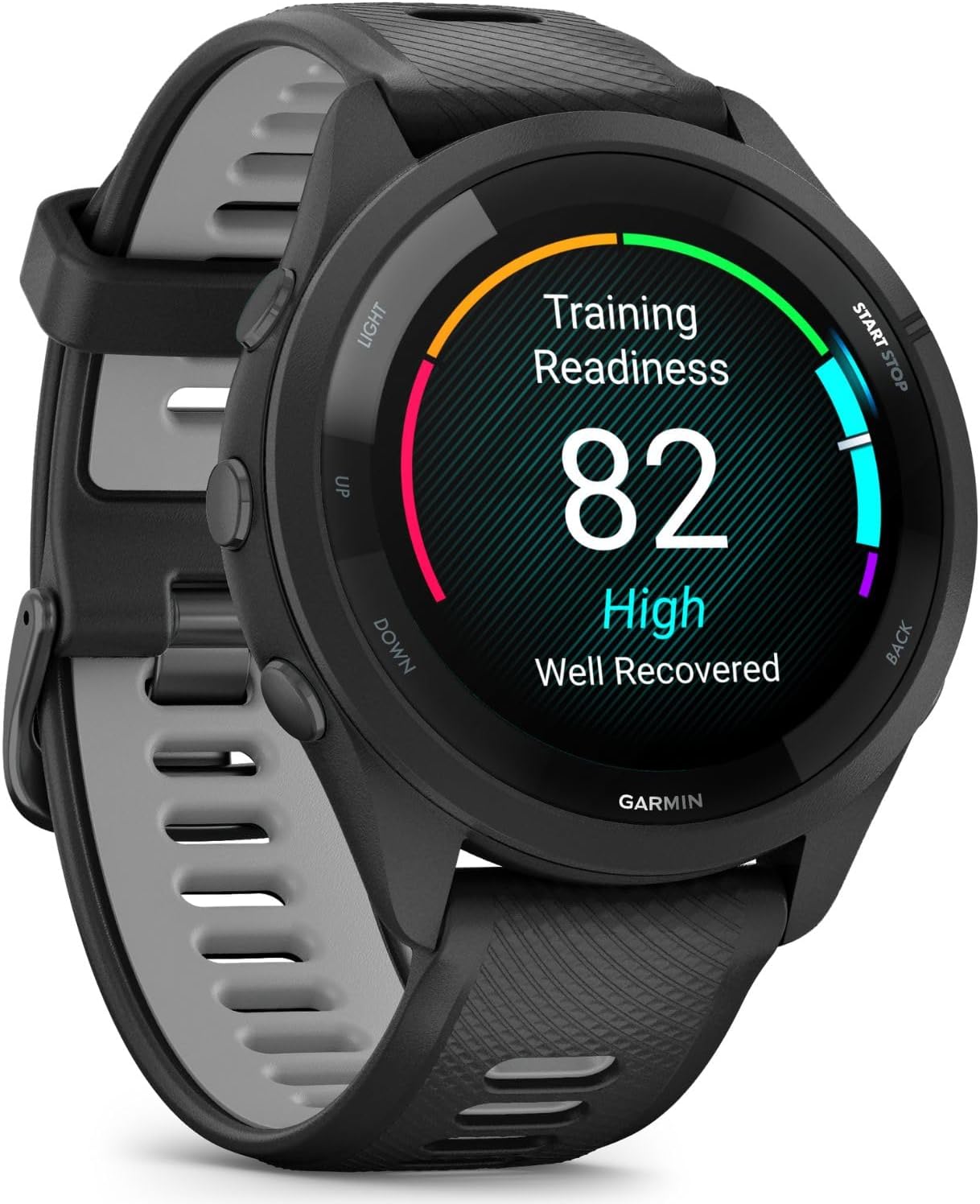 Garmin Forerunner 265 GPS Smartwatch - 46mm, Black/Powder Gray Bundle with Deco Essentials Charging Dock Venu 3 + Silicone Dust Cover + Round Tempered Glass Screen Protector