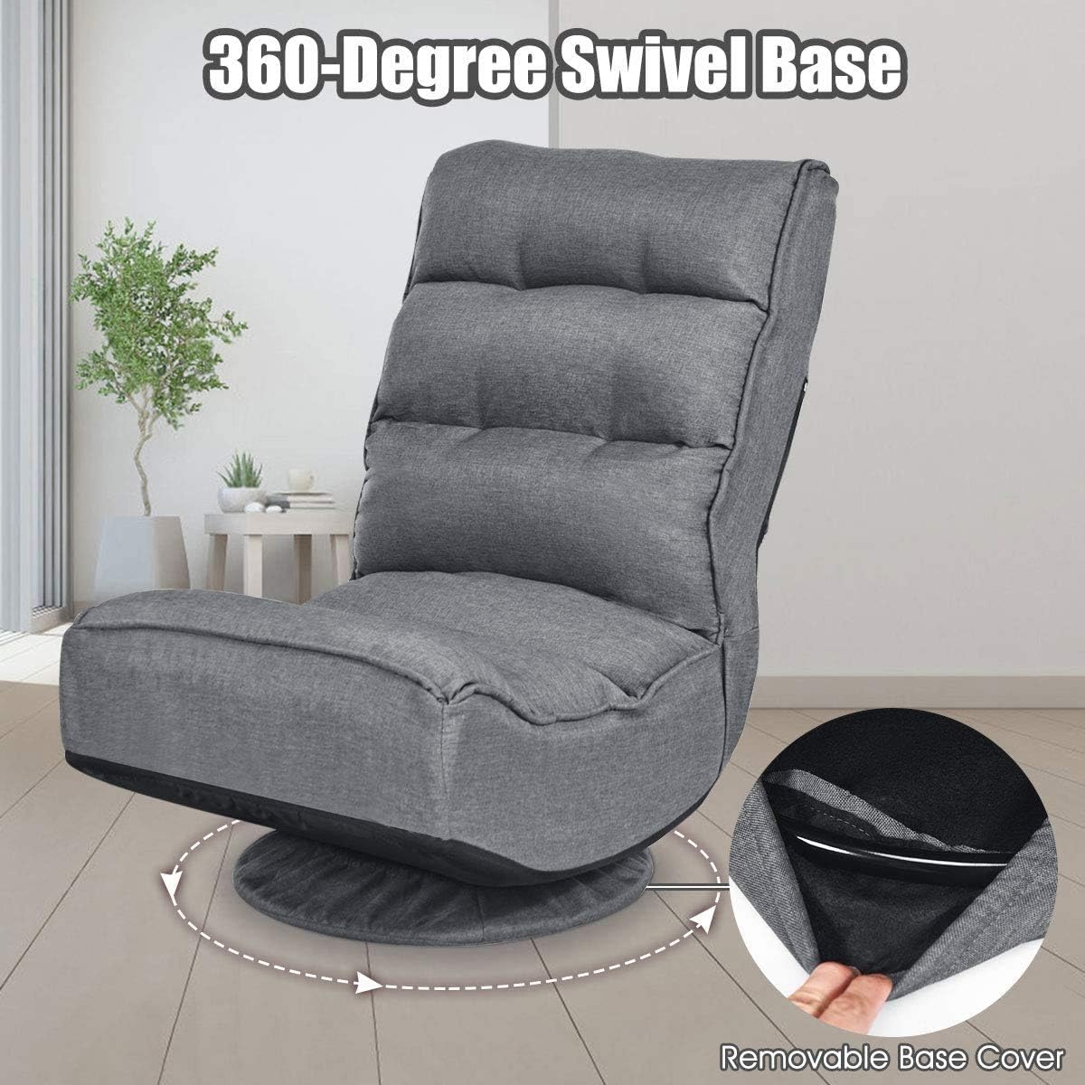 FANTASK 360 Degree Swivel Floor Chair, Folding Floor Sofa w/ 5 Adjustable Positions & Backrest, Lazy Lounge Chair for Relaxing Reading Gaming TV Watching (Gray)