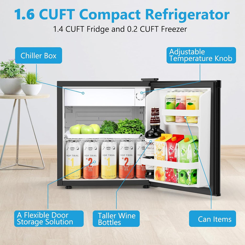 Electactic 1.7 Cu.ft Mini Fridge with Freezer, Compact Refrigerator, Single Reversible Door, Ultra Quiet, Energy Efficient for Office, Dorm, Bedroom, Apartment, Black