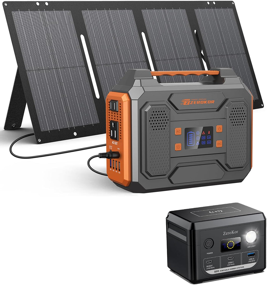 300W Solar Power Bank Generator with Panels included, 110V AC Outlet Portable Power Station with Foldable Solar Panel 60W, 100W USB C Power Bank Fast Charging for Laptop Smart Devices RV Van Outdoor