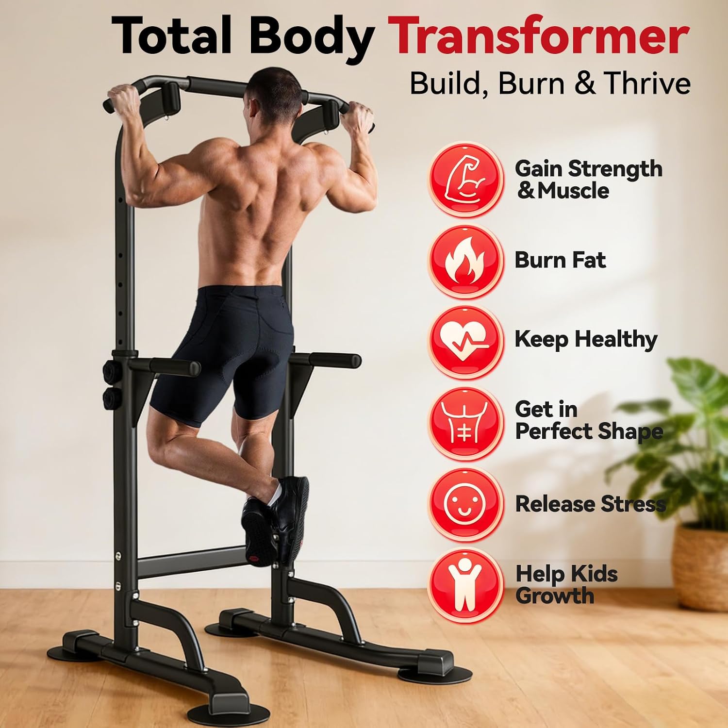 WATBKHE Power Tower Pull Up Dip Station Foldable, Pull Up Bar Station Adjustable, Multi-Function Home Gym, Strength Training Fitness Equipment, Triangular Design, for Home Outdoor
