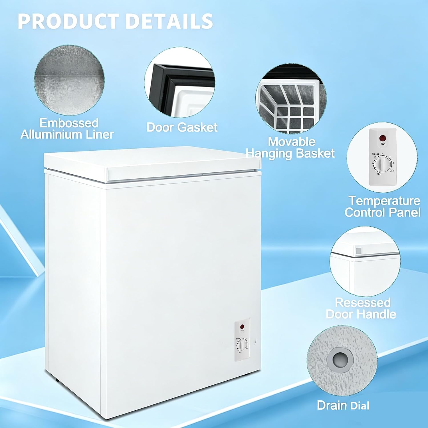 Compact Deep Freezer, 3.6 Cu Ft Chest Freezer with 6 Adjustable Thermostat, Top Open Door Freezer with Removable Basket, Energy Saving Freezer for Home, Apartment, Office, White
