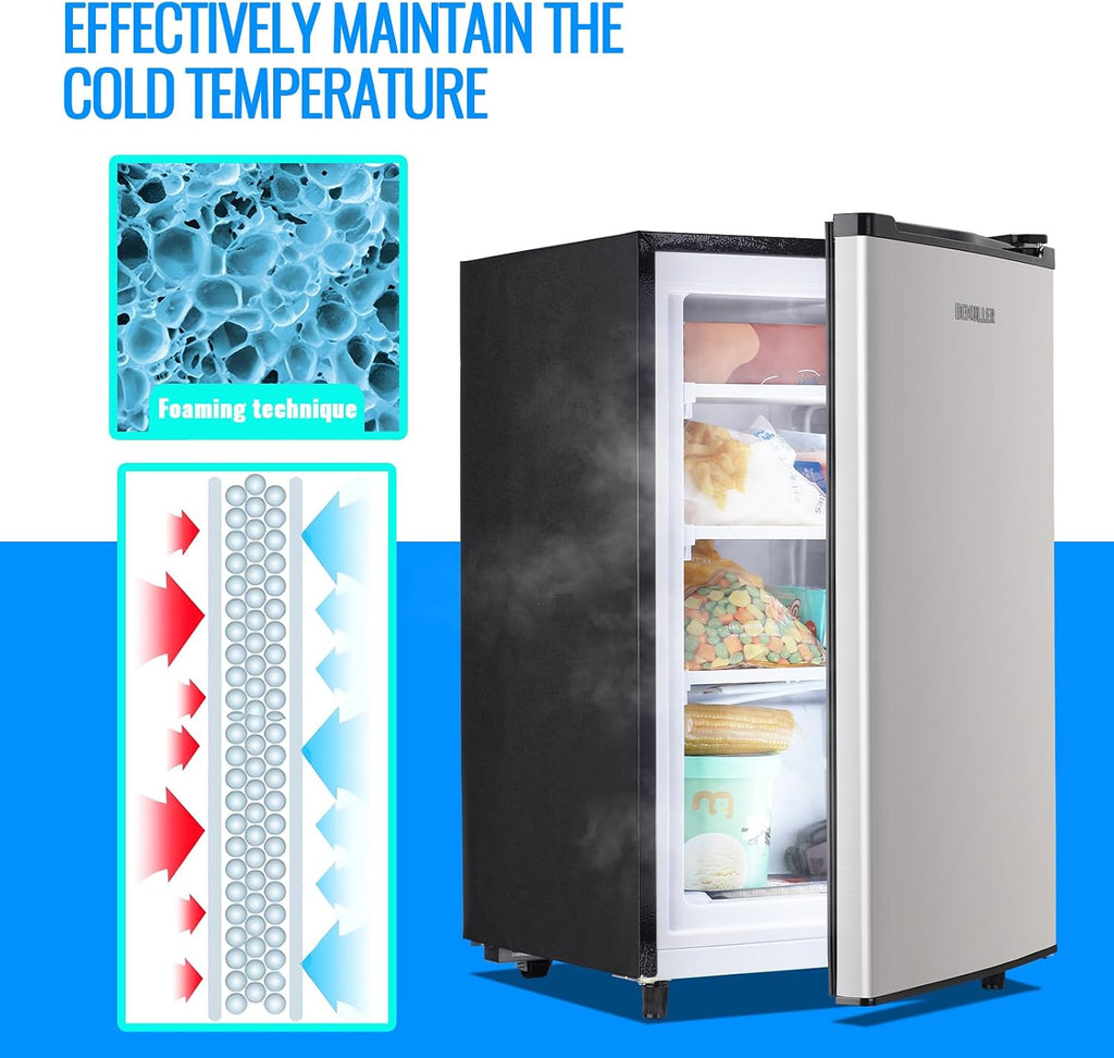 DEMULLER 3.2 Cu.Ft Upright Freezer with 7 Adjustable Thermostat Stand-up Single Door Compact Freezers with Rapid Cooling Technology for Home Kitchen Dorm Silver