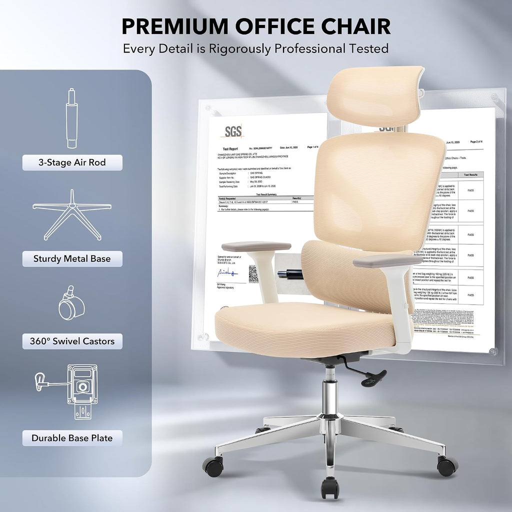 Office Chair Ergonomic Desk Chair - Home Mesh Office Desk Chair with Adjustable Lumbar Support, High-Back Computer Gaming Chair with Headrest 3D Armrests, Rolling Swivel Task Chairs for Home, Office