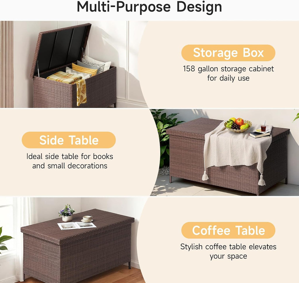 ONBRILL 158 Gallon XL Deck Box with Lid, All Weather Wicker Outdoor Storage Box Waterproof, Large Outdoor Patio Storage Bin for Cushions, Garden Tools, Gears, Brown