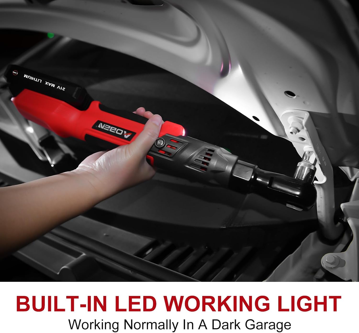 AOBEN 21V 1/2' Cordless Ratchet Wrench Kit-74 Ft-lbs Brushless Electric Power Ratchet with Variable Speed, 2X2000mAh Lithium-Ion Battery, Charger, 8 Sockets, 1/4' & 3/8' Adaptors, 3' Extension Bar