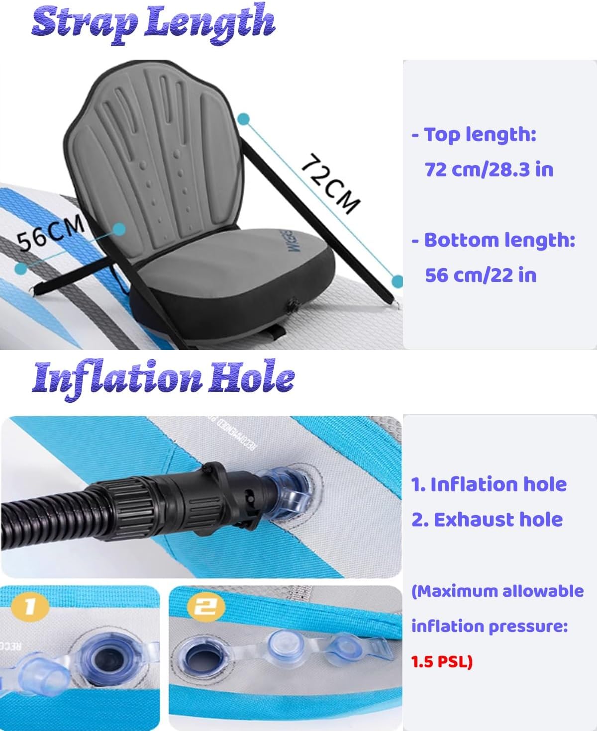 Inflatable Paddle Board Seat with Back Support, Universal Kayak Seats Cushion Detachable Straps, Sit-on-top Kayaks Chair, Canoe Fishing Bote Seats(Blue)
