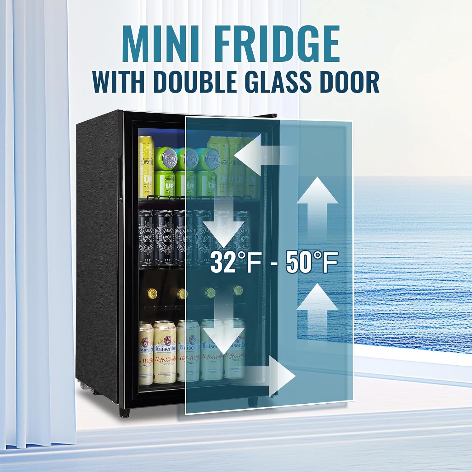WANAI Mini Fridge Glass Door 120 Cans Beverage Refrigerator Small Wine Cooler Clear Front Drinks Fridge for Soda Beer Bar Home Office with 7 Thermostat LED Light