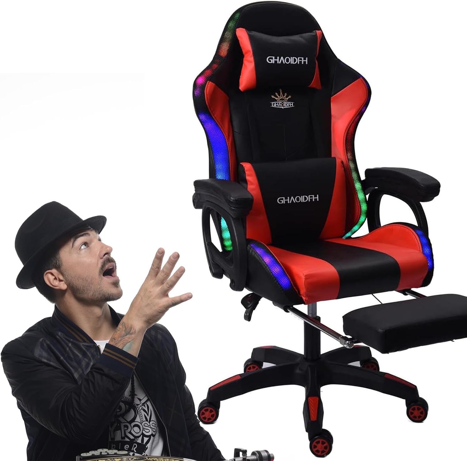 Gaming Chair with Bluetooth Speakers,Computer Chair Massage with LED Lights,Ergonomic Game Chair,Computer Stool with Footrest and Lumbar Support Height Adjustable with 360°-Swivel Seat (Red)