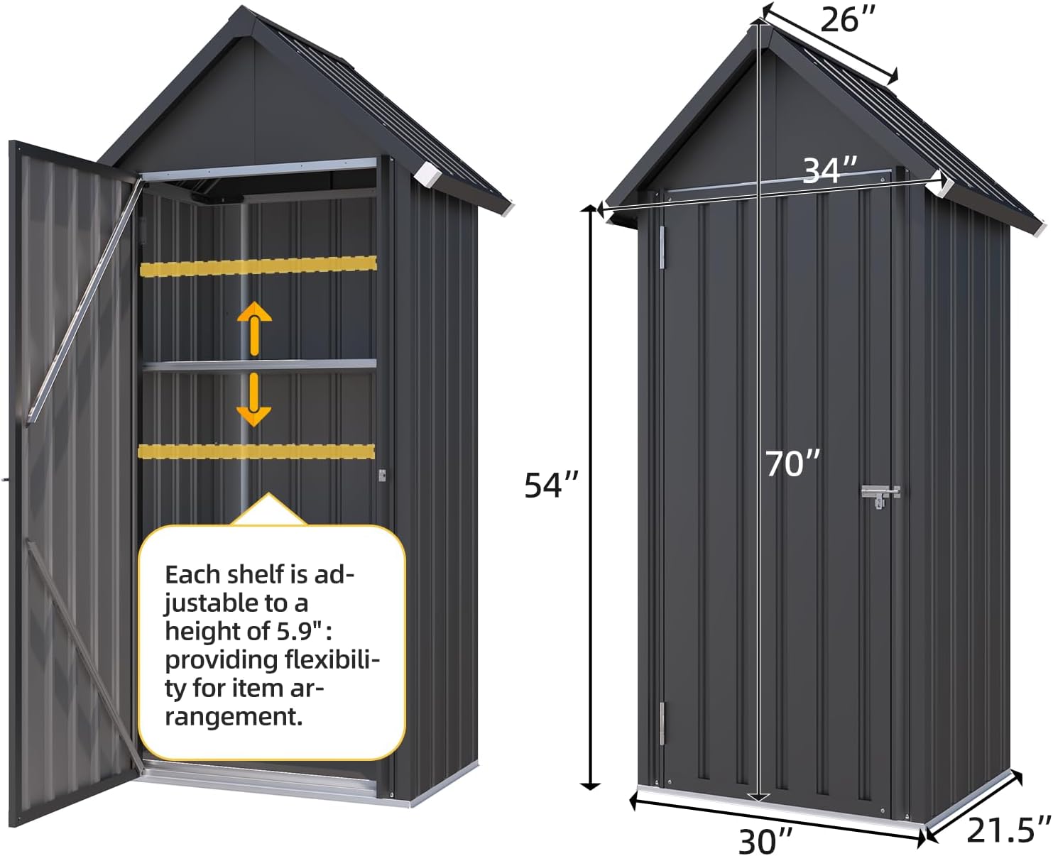 AECOJOY Outdoor Storage Cabinet Waterproof, Vertical Tall Outdoor Storage Cabinet with Shelves, All Weather Metal Vertical Storage Shed & Outdoor Cabient for Garden in Dark Grey