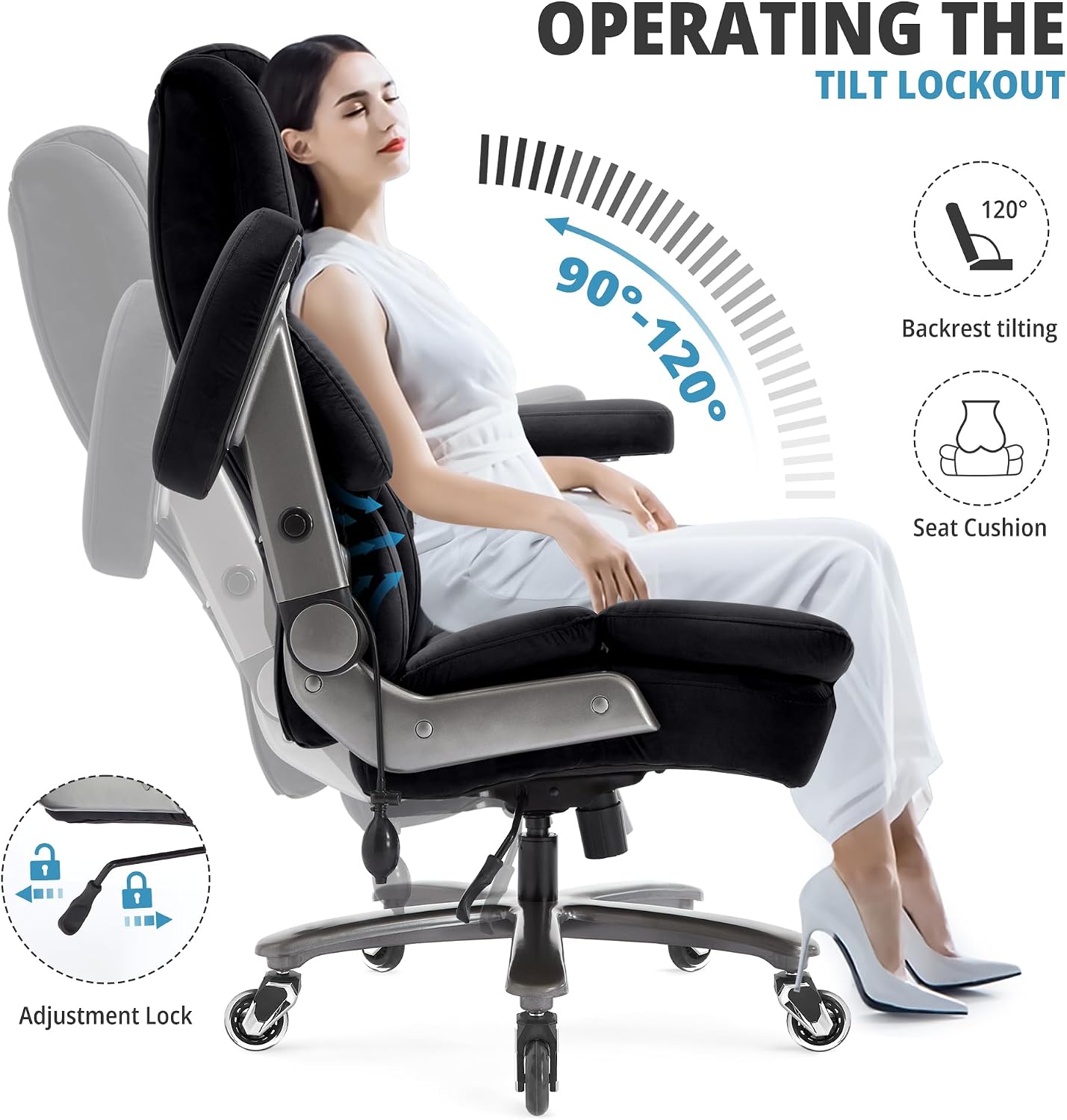 Fabric 700lbs Big and Tall Office Chair-Large Computer Chair with Adjustable Lumbar Support 3D Flip Arms Plus Size Wheels, High Back Executive Desk Chair, Heavy Duty Metal Base, Thick Padded Wide Seat