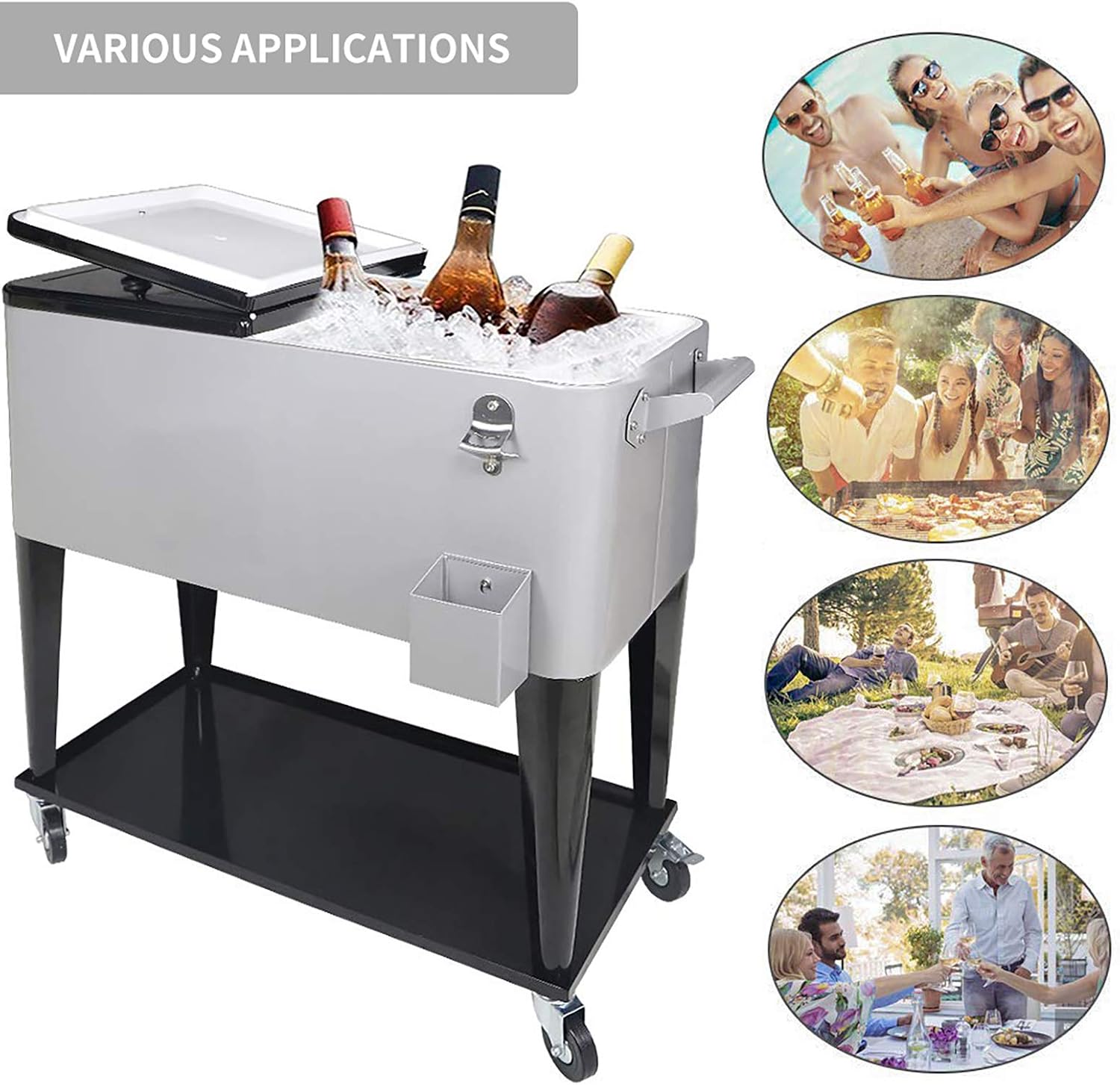 80 Quart Rolling Ice Chest Cooler Cart,for Outdoor Patio Deck Party Portable Party Bar Cold Drink Beverage Cart, Backyard Cooler Trolley on Wheels with Shelf, Bottle Opener