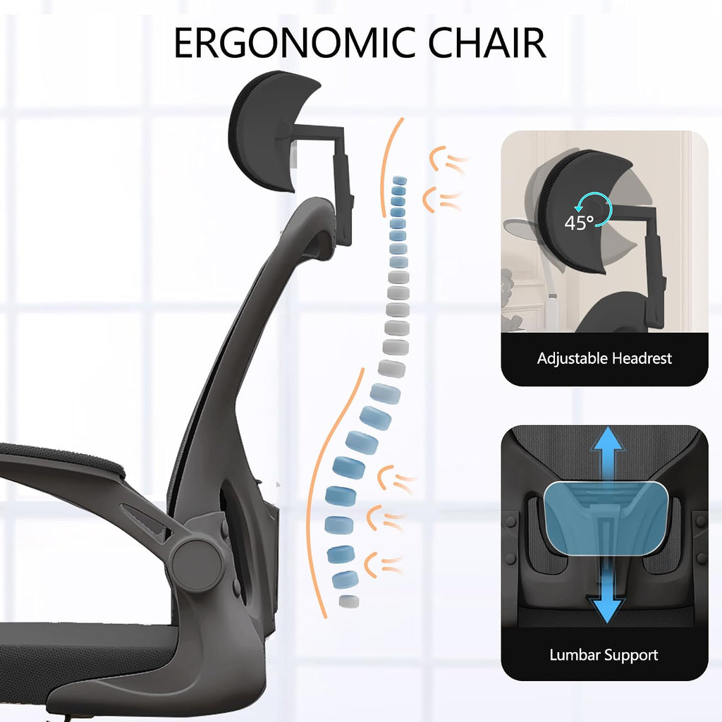 Ergonomic Office Chair, High-Back Mesh Computer Desk Chair with Adjustable Height, Lumbar Support, Flip-Up Armrests,headrest，and Swivel Rolling Design for Home and Office Use