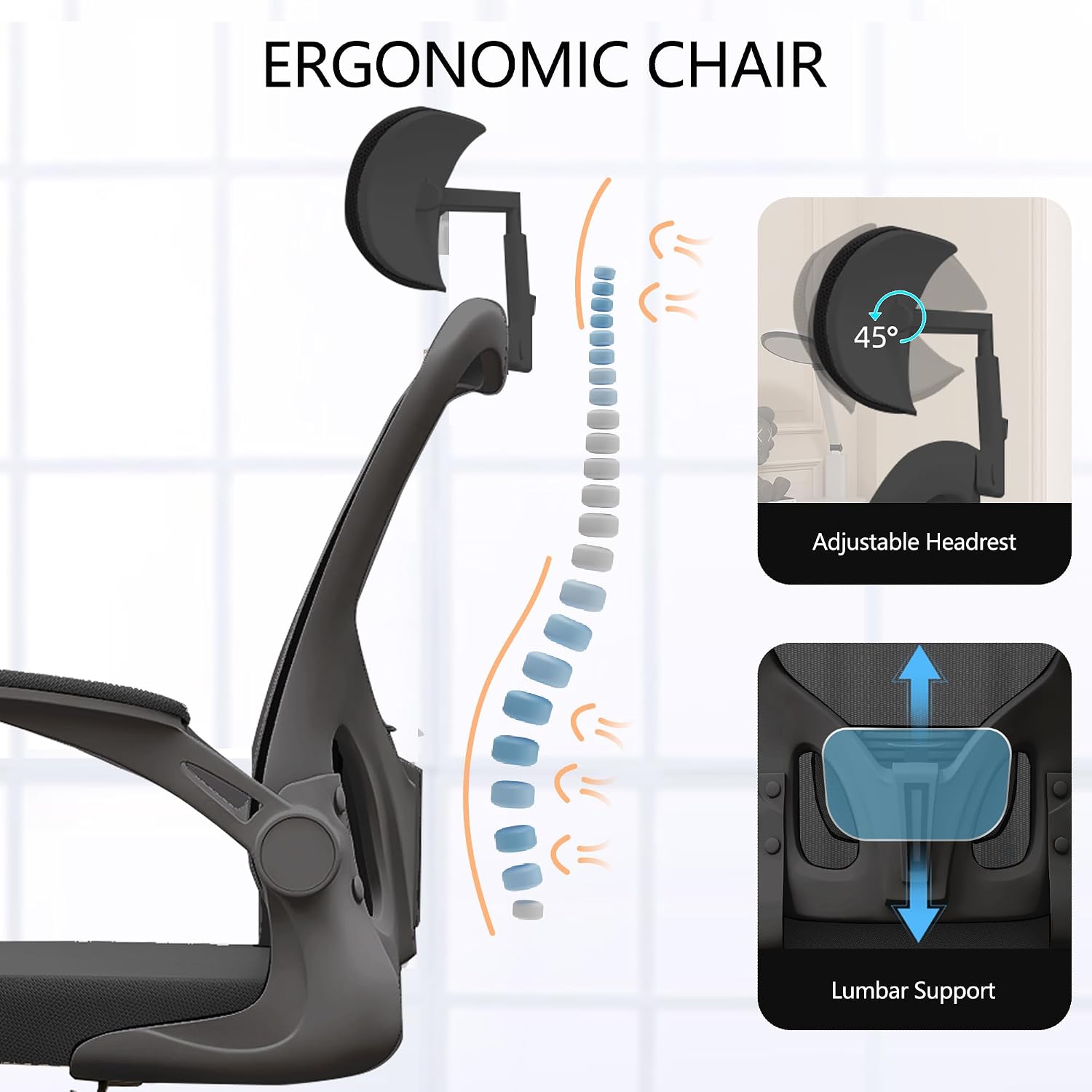 Ergonomic Office Chair, High-Back Mesh Computer Desk Chair with Adjustable Height, Lumbar Support, Flip-Up Armrests,headrest，and Swivel Rolling Design for Home and Office Use