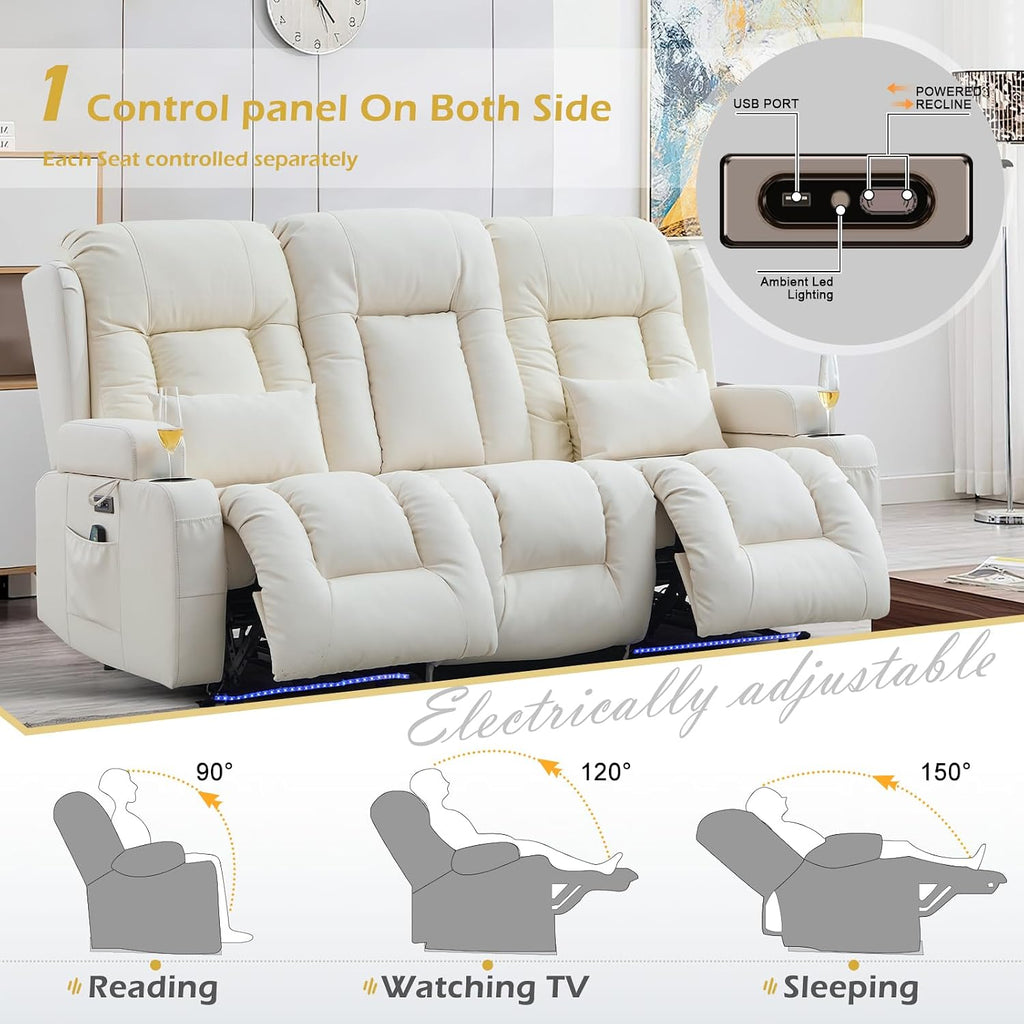 Loveseat Recliner Sofa, Leather Sofa with Massage & Heating, Home Theater Seating Power Reclining Loveseat with Outlet/LED Light/Cup Holders/Lumbar Pillows (Beige, 3 Seat)