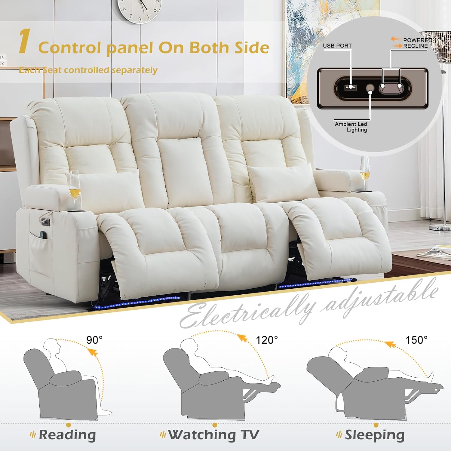 Loveseat Recliner Sofa, Leather Sofa with Massage & Heating, Home Theater Seating Power Reclining Loveseat with Outlet/LED Light/Cup Holders/Lumbar Pillows (Beige, 3 Seat)
