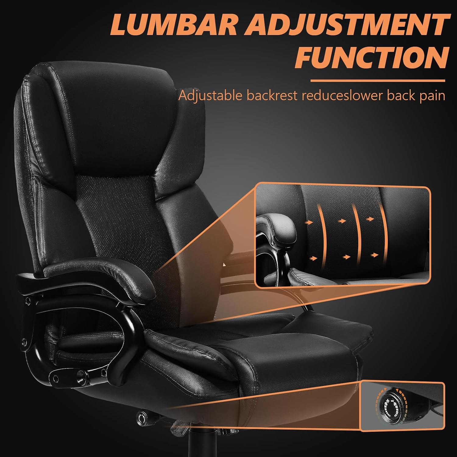 Indulgear 500lbs Big and Tall Office Chair with Dual Rubber Wheel, Heavy Duty Office Chair for Low Back Pain Relief, Large Executive Desk Chair with Adjustable Lumbar Support
