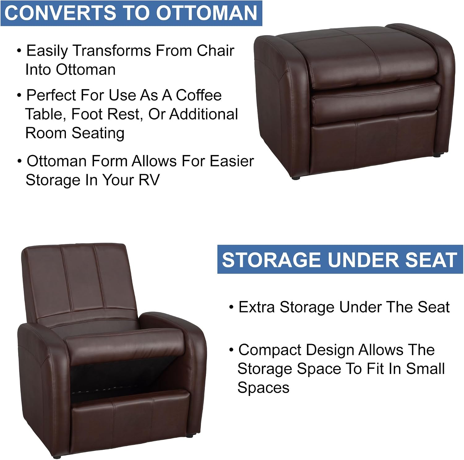 RecPro Charles RV Gaming Chair Ottoman Conversion | Built-in Storage | RV Furniture | Great for Teens | Mahogany