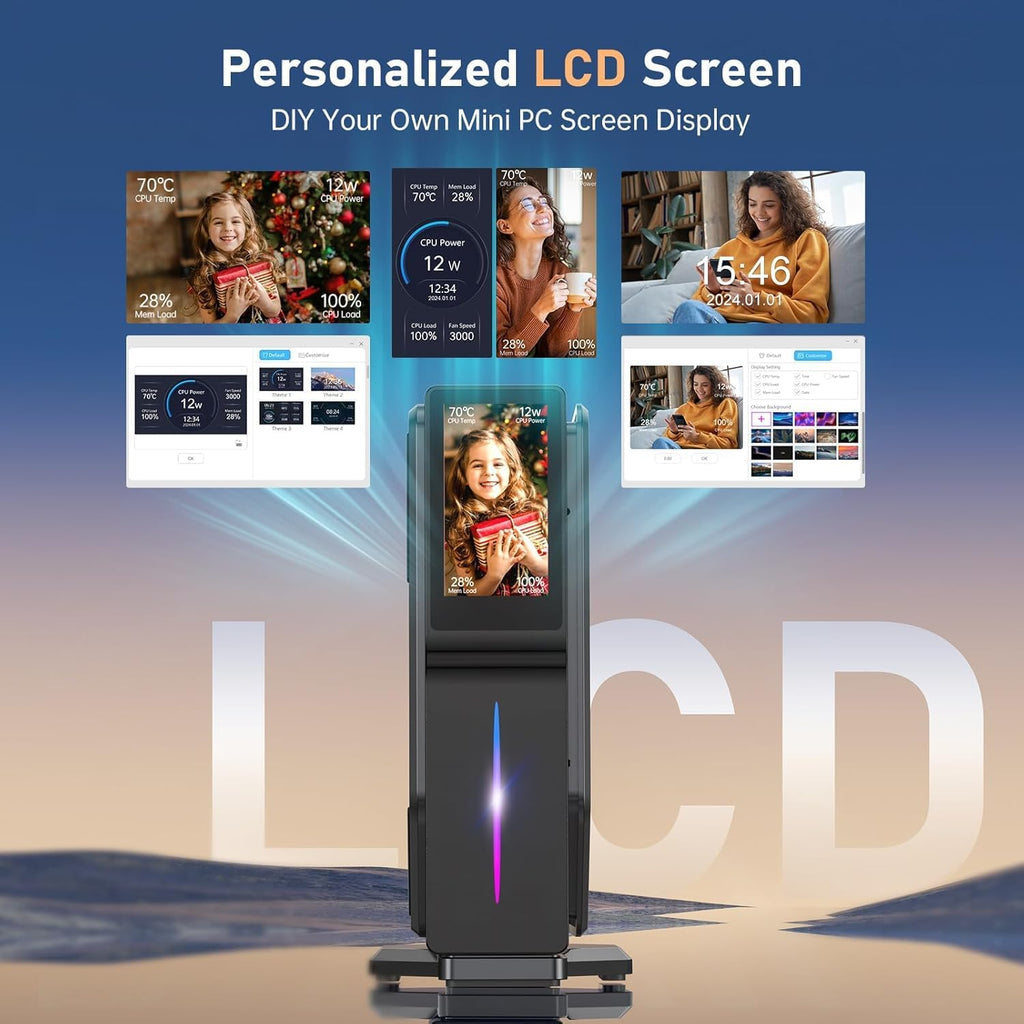 ACEMAGIC N95 (up to 3.6GHz) S1 Mini PC with DIY LCD Screen, 16GB DDR4 512GB M.2 SSD Mini Tower PC, WiFi 5/BT 4.2/4K UHD/Dual LAN