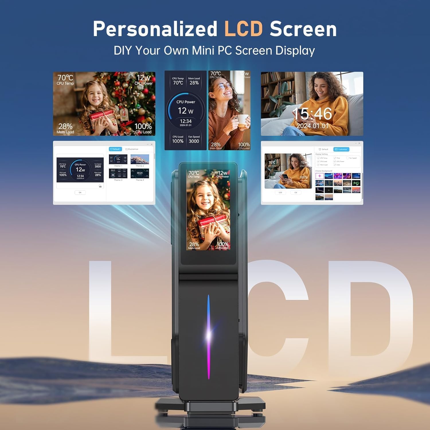 ACEMAGIC N95 (up to 3.6GHz) S1 Mini PC with DIY LCD Screen, 16GB DDR4 512GB M.2 SSD Mini Tower PC, WiFi 5/BT 4.2/4K UHD/Dual LAN