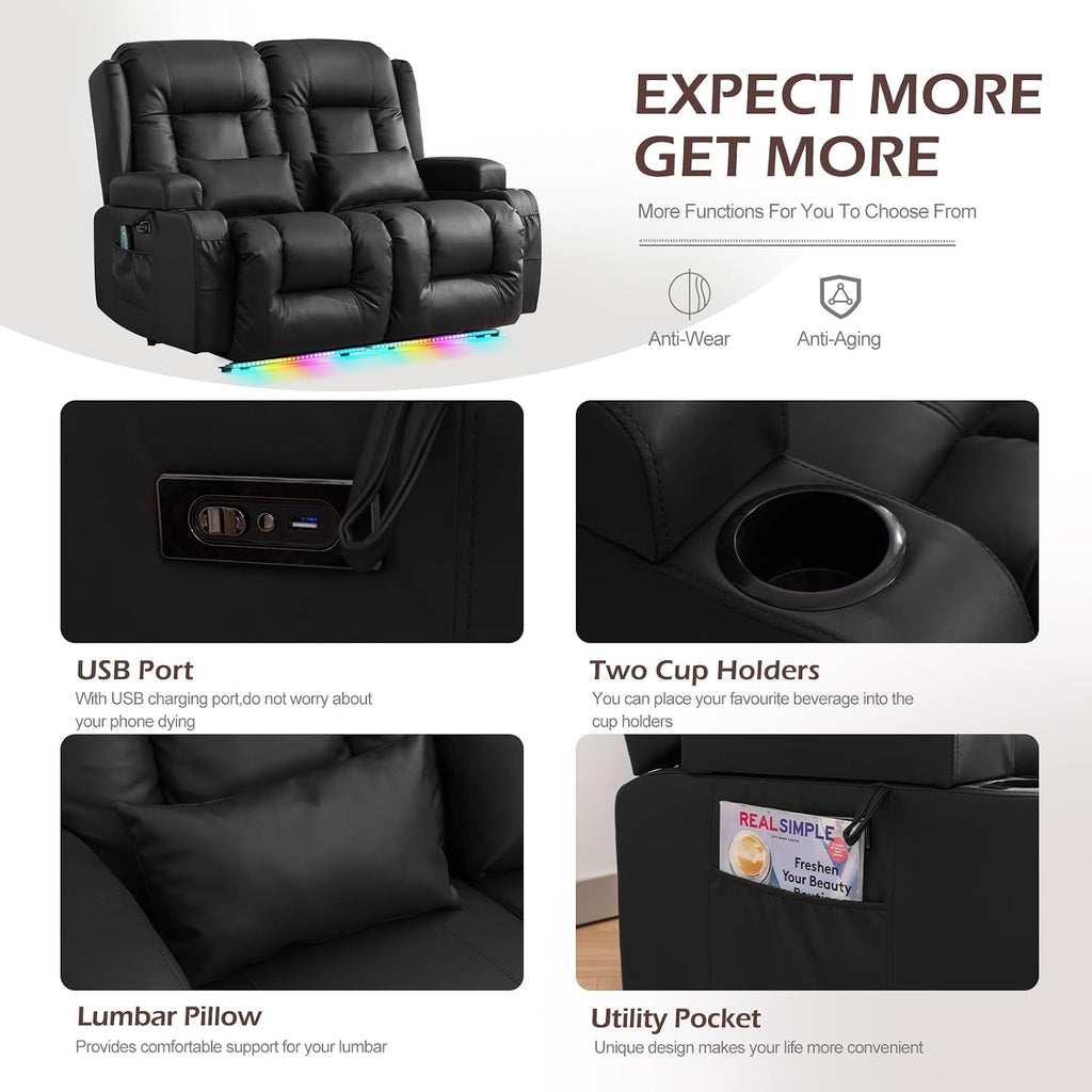 Loveseat Recliner Sofa, Leather Sofa with Massage & Heating, Home Theater Seating Power Reclining Loveseat with LED Light/Cup Holders/Lumbar Pillow (Black, Loveseat)