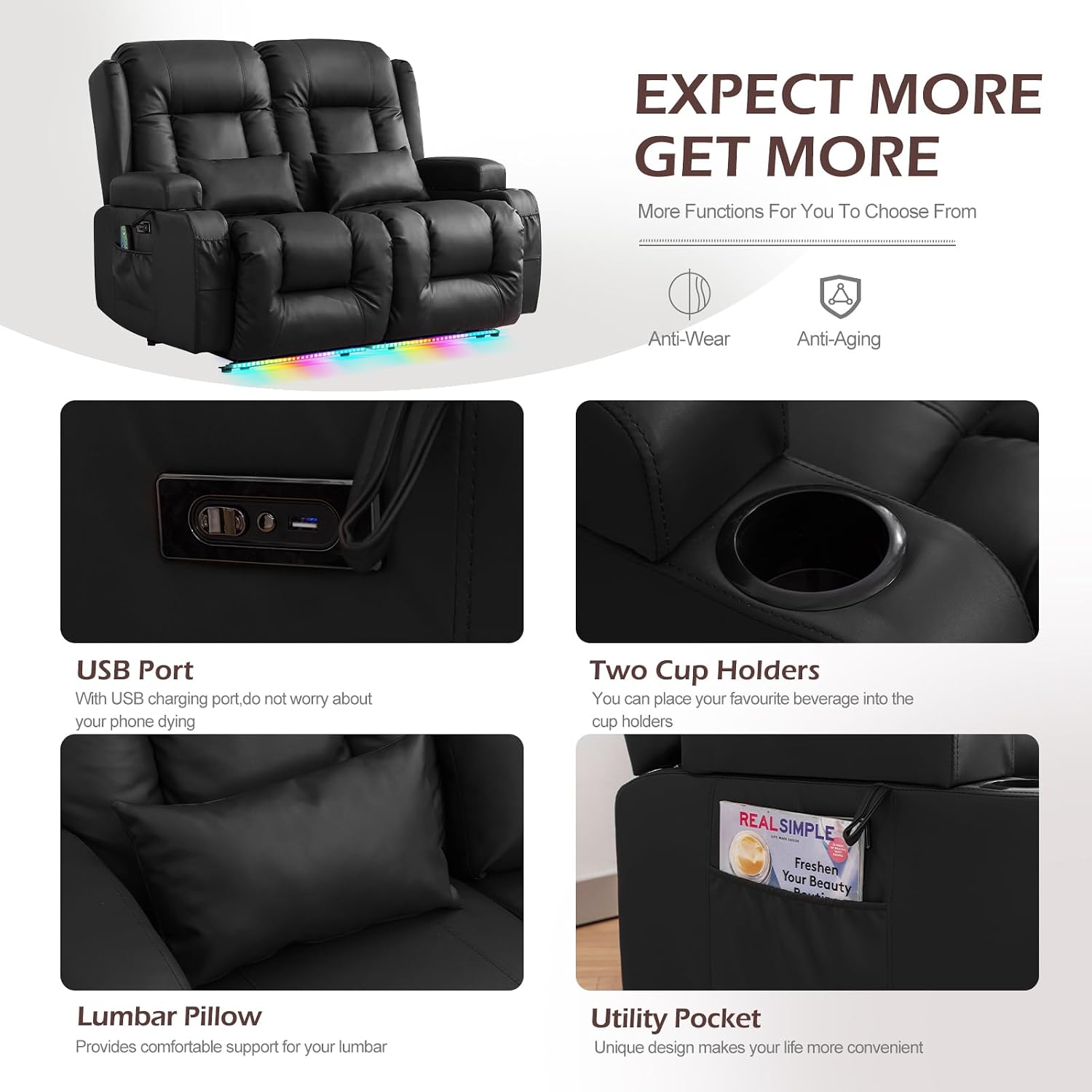 Loveseat Recliner Sofa, Leather Sofa with Massage & Heating, Home Theater Seating Power Reclining Loveseat with LED Light/Cup Holders/Lumbar Pillow (Black, Loveseat)