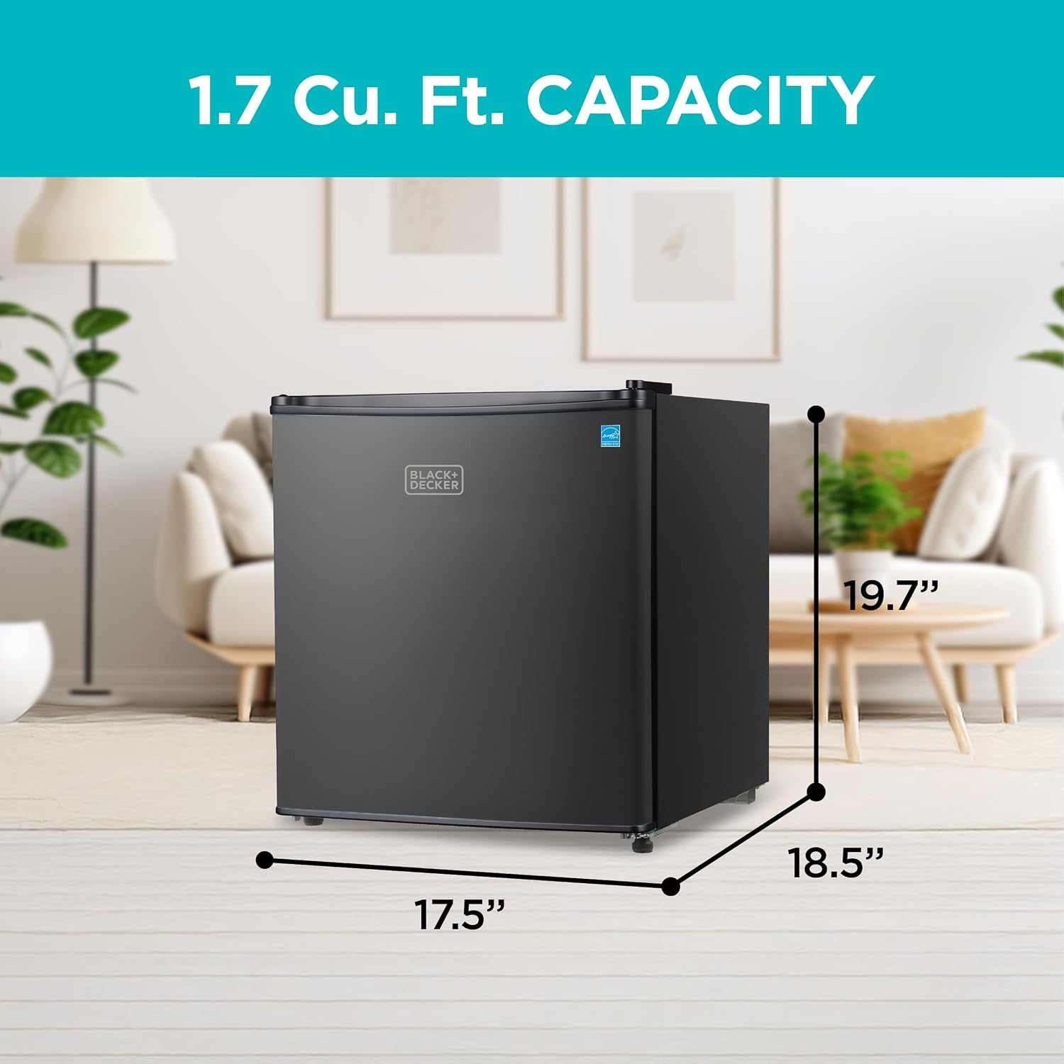 BLACK+DECKER 1.7 Cu. Ft. Compact Refrigerator, ENERGY STAR Certified, Single Door Mini Fridge with Chiller Compartment, Personal Fridge for Home or Dorm Room, R600a Refrigerant, BCRK17B, Black
