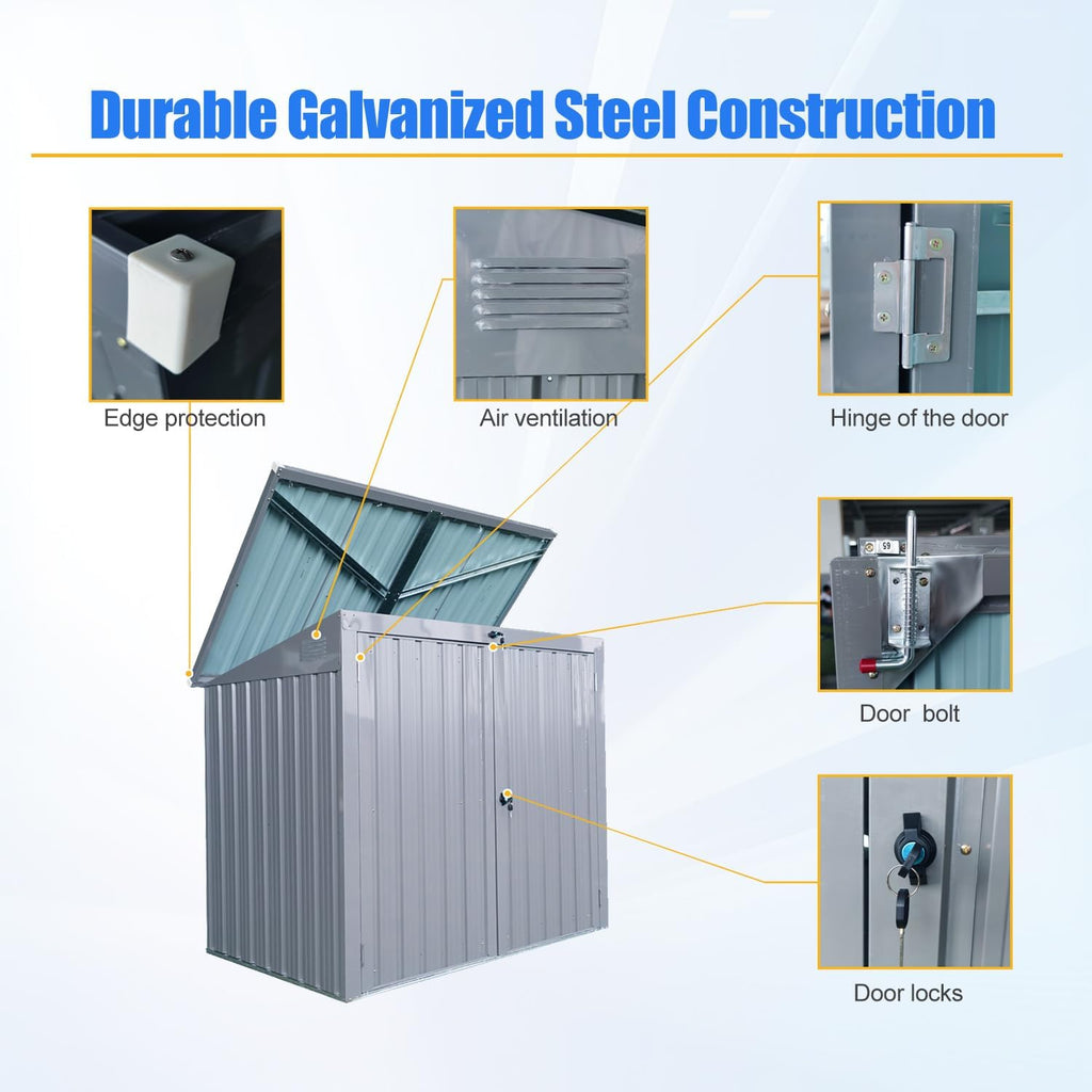 Upgraded Outdoor Trash Can Storage, 62'' Garbage Bin Shed Stores 2 Trash cans and Tools,Stainless Galvanized Steel Waterproof Lockable Garbage Shed for Garden Yard Lawn (Gray)