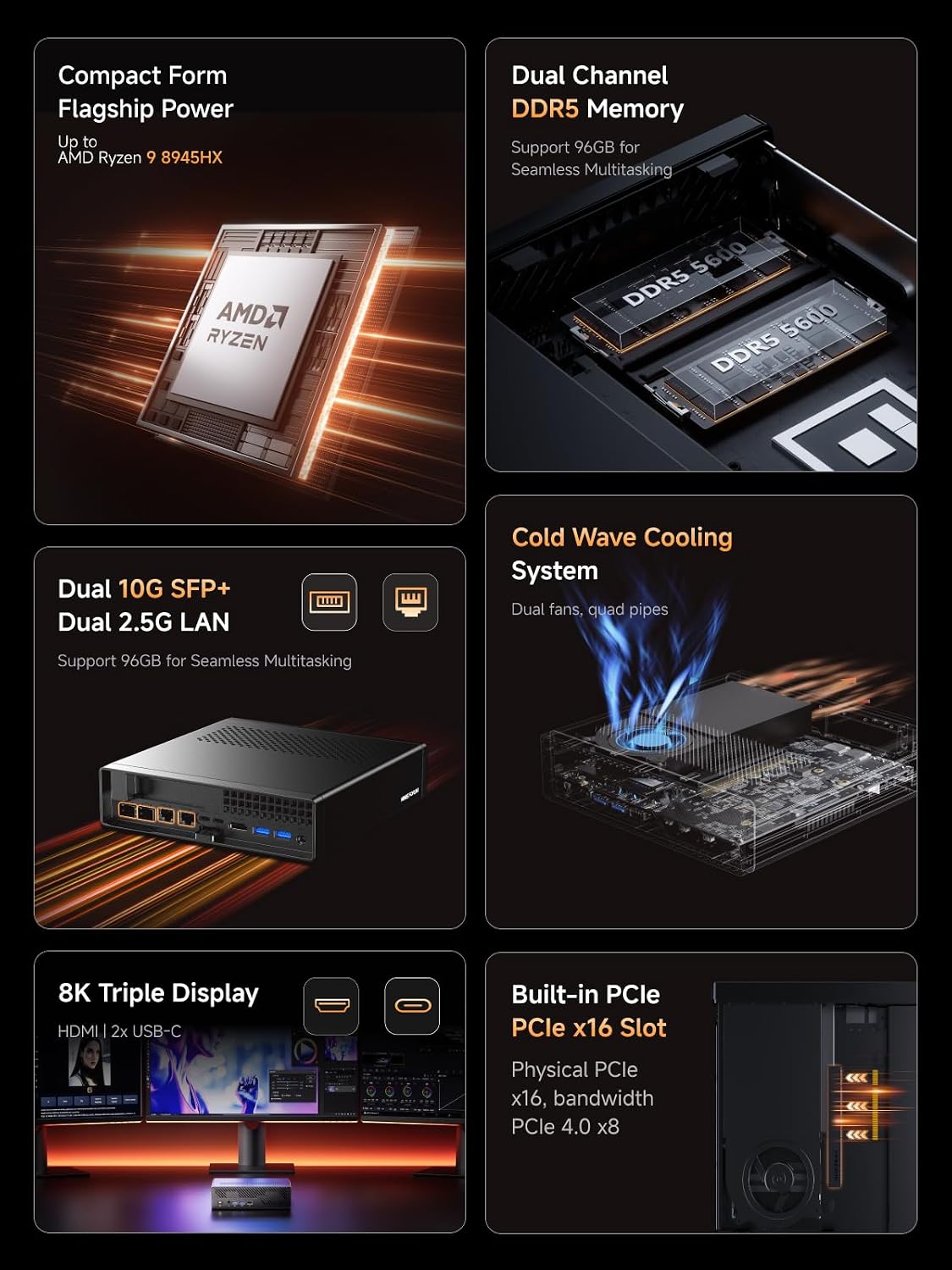MINISFORUM MS-A2 Mini Workstation AMD Ryzen 9 8945HX(16C/32T, up to 5.4GHz) 32GB RAM 1TB SSD Mini PC, HDMI/2xUSB-C Triple Display Mini PC, 2x2.5G LAN Port|10G SFP+ Port, Support M.2 2280/22110/U.2 SSD