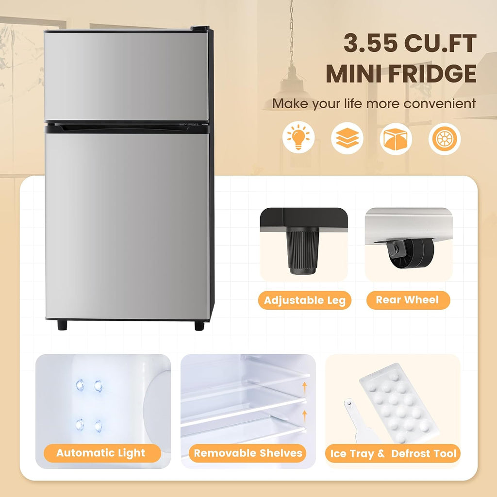 Manastin 3.55 Cu.Ft Mini Fridge with Freezer - 2 Doors for Office, Kitchen, Dorm and Bedroom, Mini Refrigerator with Adjustable Shelves (Silver)
