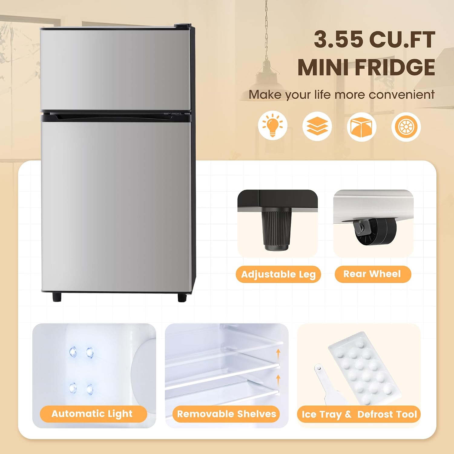 Manastin 3.55 Cu.Ft Mini Fridge with Freezer - 2 Doors for Office, Kitchen, Dorm and Bedroom, Mini Refrigerator with Adjustable Shelves (Silver)