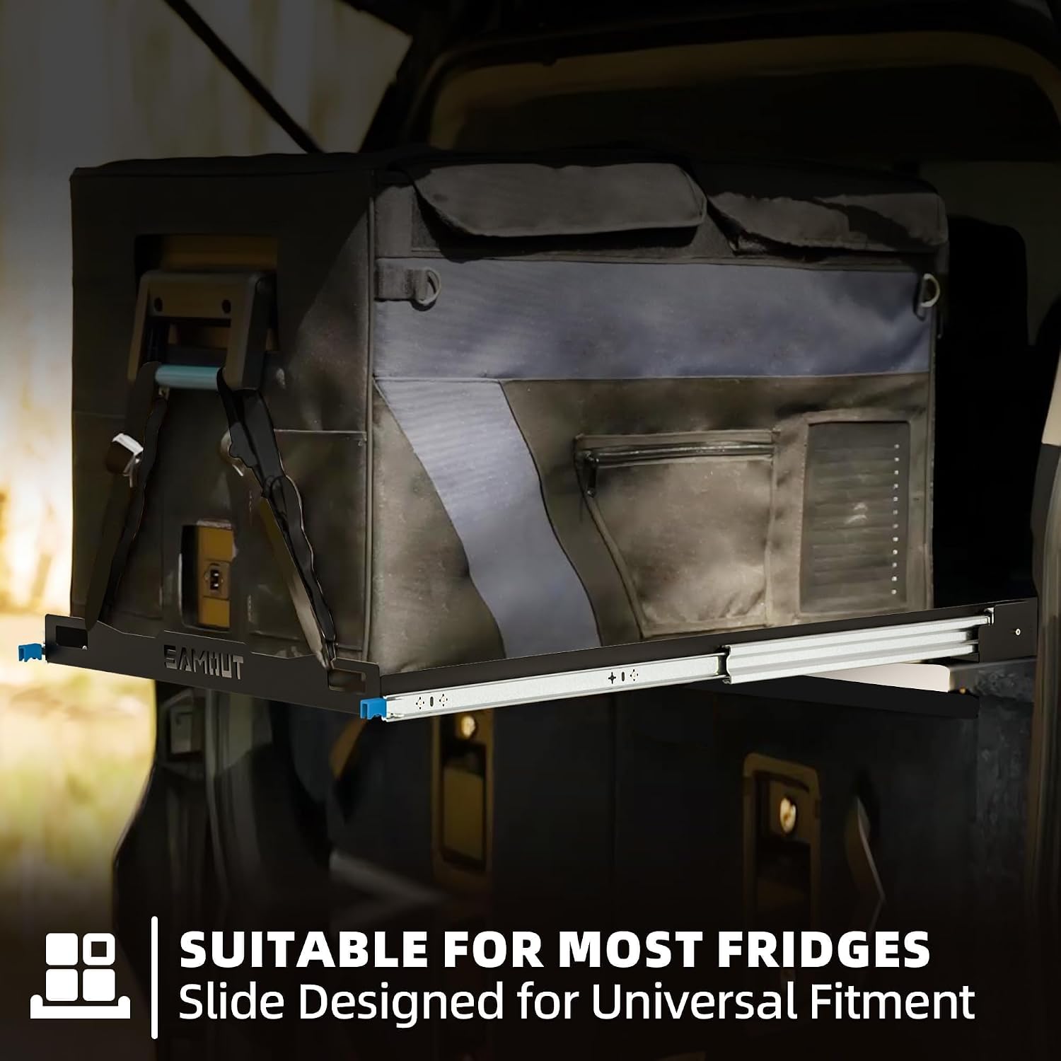 SAMOUT Fridge Slide (Inner 39.2 x 22.4in) Vehicle Refrigerator Freezer Slider with 4 Buckle Straps, Universal Fit, Max 287 LBS, 3rd Gen