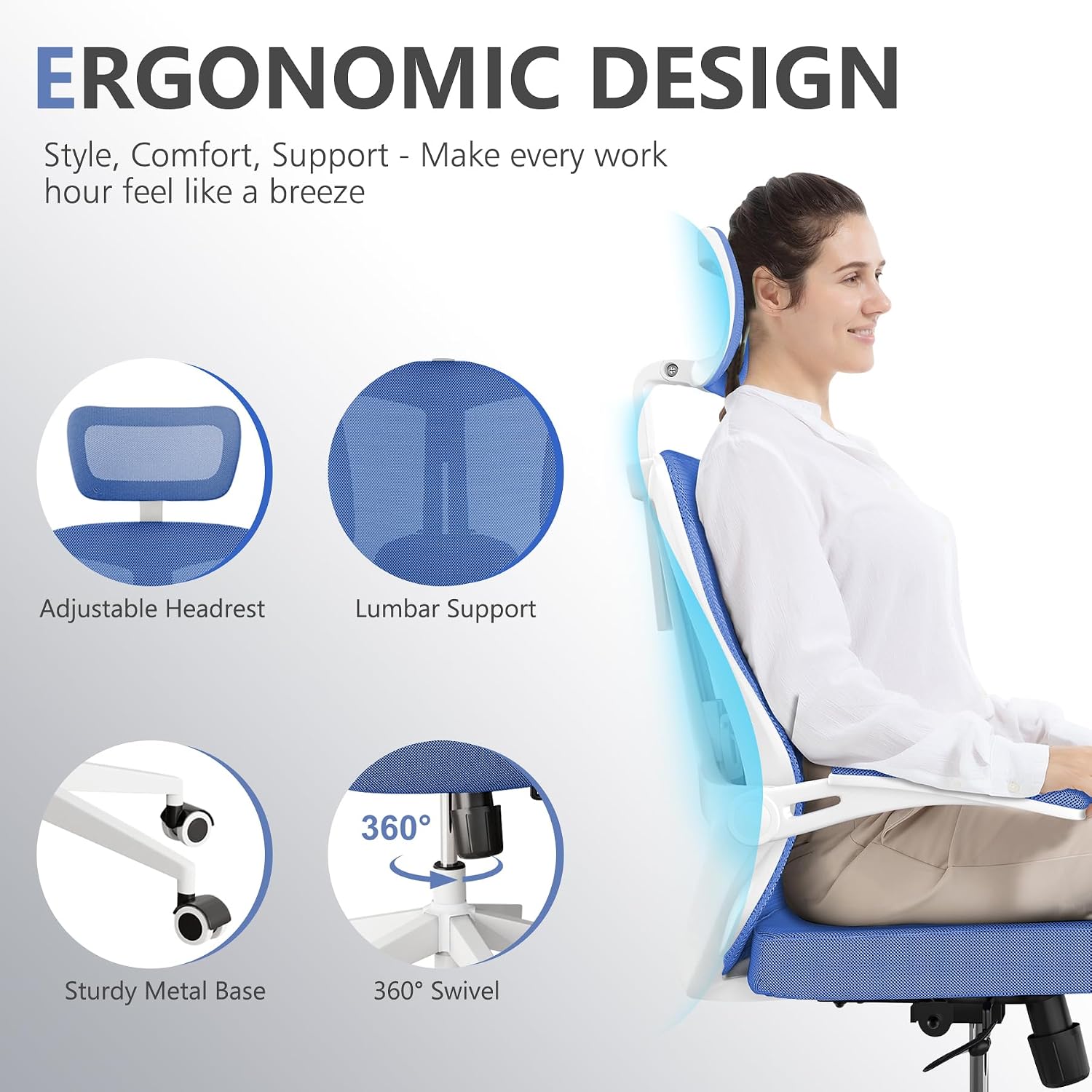 balmstar Ergonomic Office Chair Desk Chair - Mesh Computer Chair with 360° Swivel Wheels, Adjustable 90-130° Recline & Lumbar Support for Home Office, Supports up to 350lbs