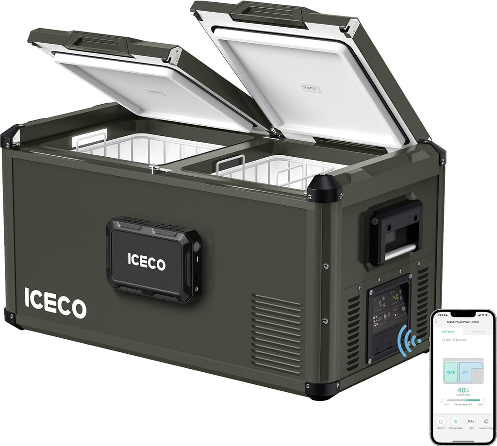 ICECO VL75ProD Portable Refrigerator with Battery, 12v Dual Zone Freezer Powered by SECOP, 75L 12V Fridge, 0°F-50°F, Reversible Lid&APP Control, Dual USB 12/24VDC&110-240VAC, For RV| With Battery