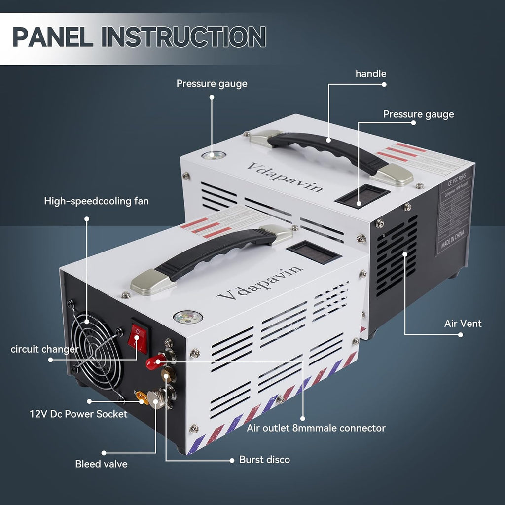 PCP Air Compressor, 4500 psi / 30 MPa PCP Airgun Compressor, 12V DC / 120V AC Power Manual Shut-off, Built-in Converter and Fan Cooling System Suitable for Paintball, Scuba Tank Compressor
