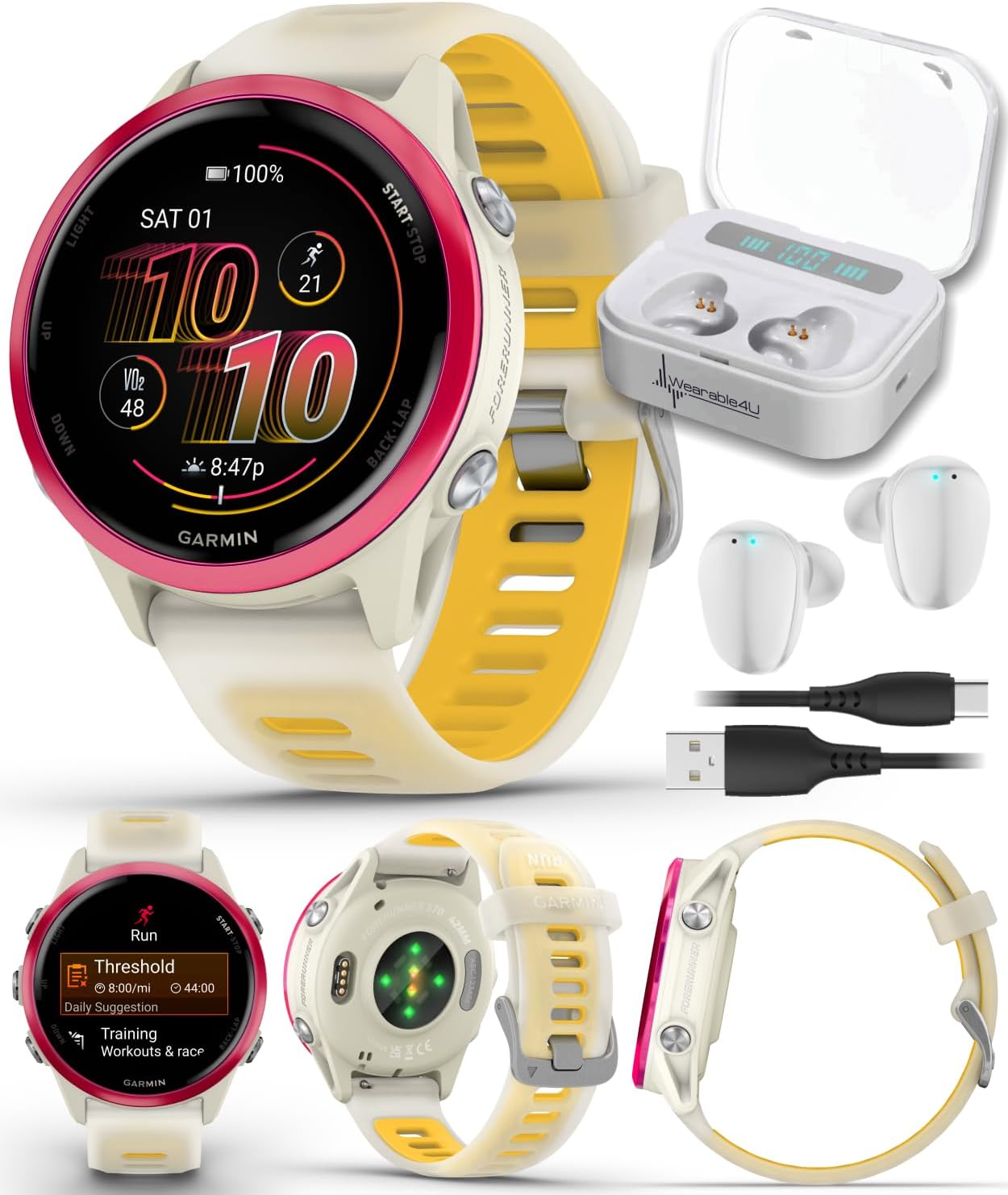 Garmin Forerunner 570 42mm Advanced GPS Running & Triathlon Smartwatch AMOLED Display Training & Recovery Features, Raspberry Aluminum w/Translucent Bone/Mango Band w/ Wearable4U White Earbuds Bundle