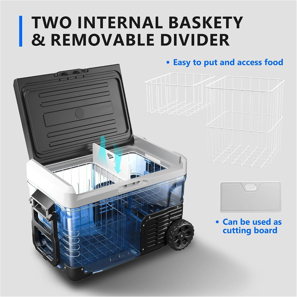 36QT(34L) Portable Refrigerator Freezer，Mini Fridge With 12V/24V DC 110-240V AC,Electric Cooler With Wheels & 2 Basket