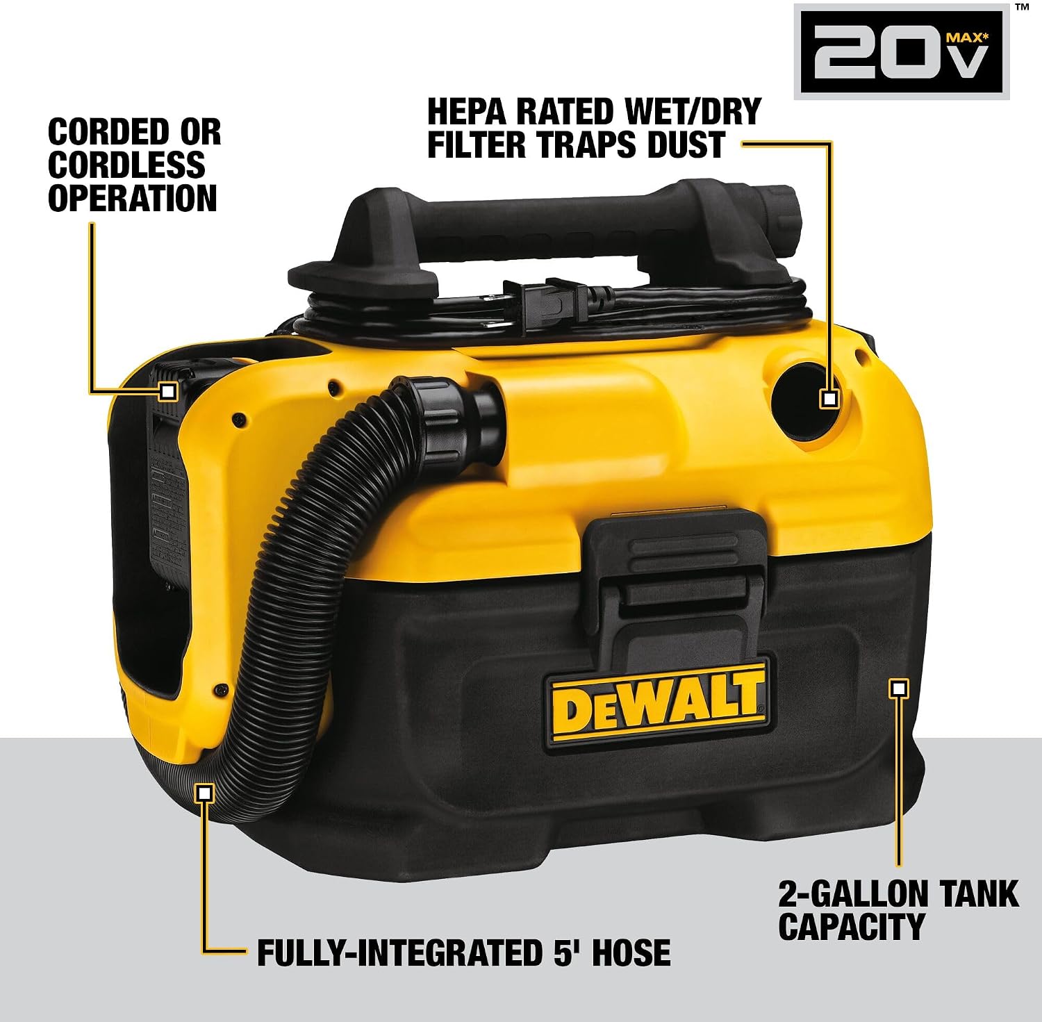 DEWALT 20V MAX Shop Vacuum Wet and Dry, Shop Vac 2 Gallon, Cordless and Corded Wet Dry Vacuum Cleaner, Wide Nozzle, Hepa Filter, Tool Only (DCV581H)