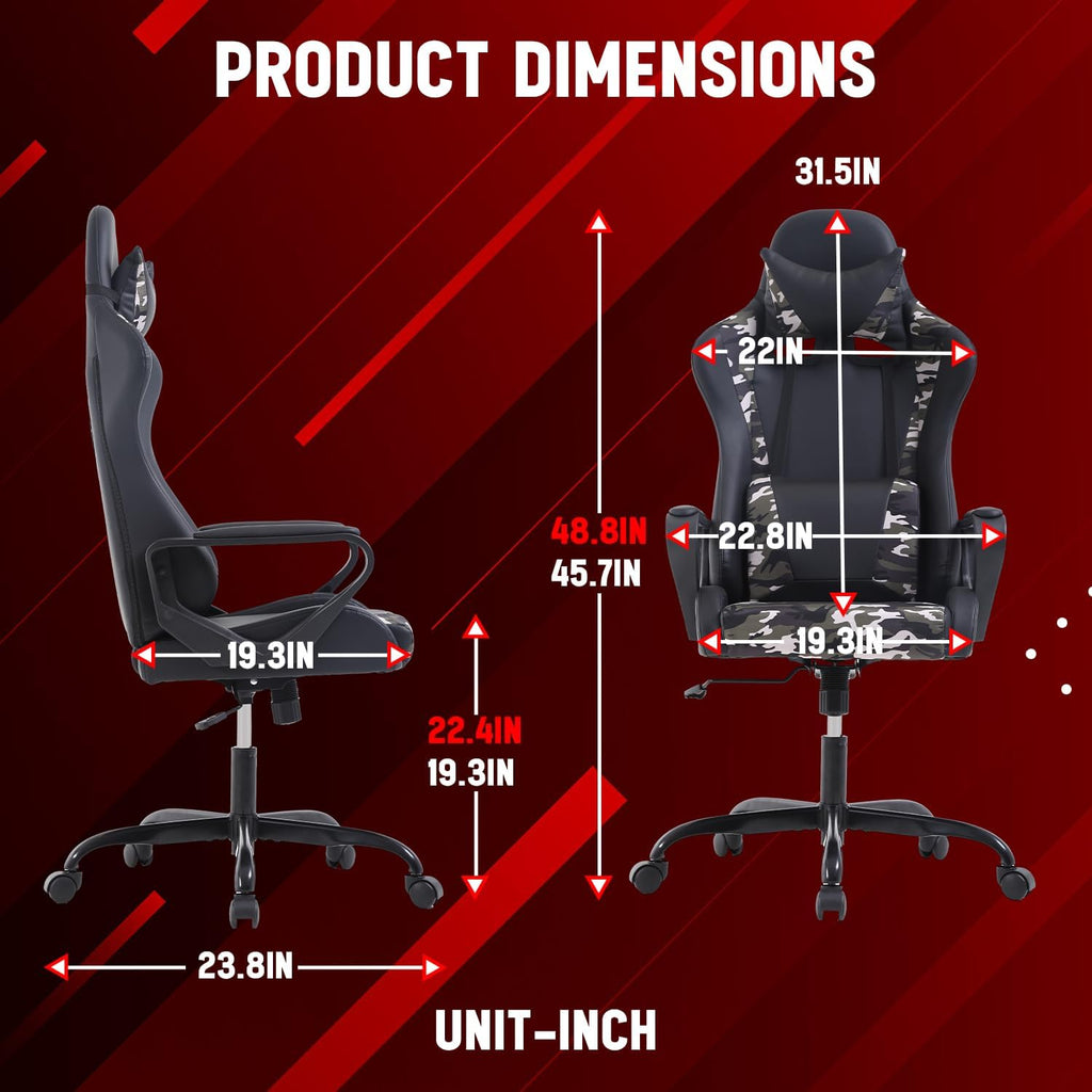 Dopinmin PU Leather Ergonomic Gaming Chair Esports Computer Chair Boss Chair with Lumbar Cushion and Retractable Footrest Video Game Chair for Streaming,CAMO